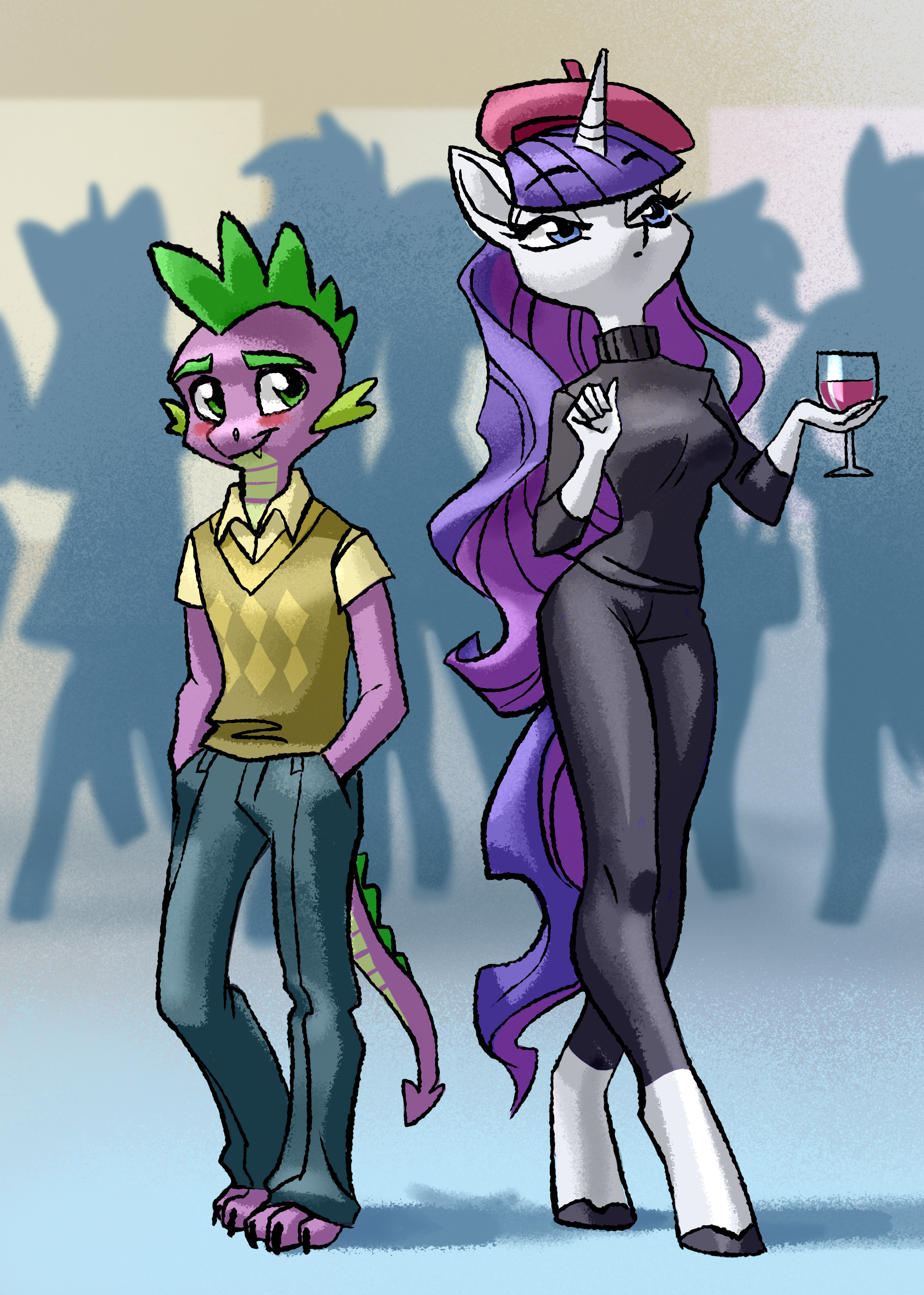 1533263 - safe, artist:holivi, derpibooru import, rarity, spike, anthro,  dragon, unguligrade anthro, unicorn, beatnik rarity, beret, blushing,  clothes, duo, female, glass, hat, height difference, legs, male, mare,  older, older spike, shipping, sparity,