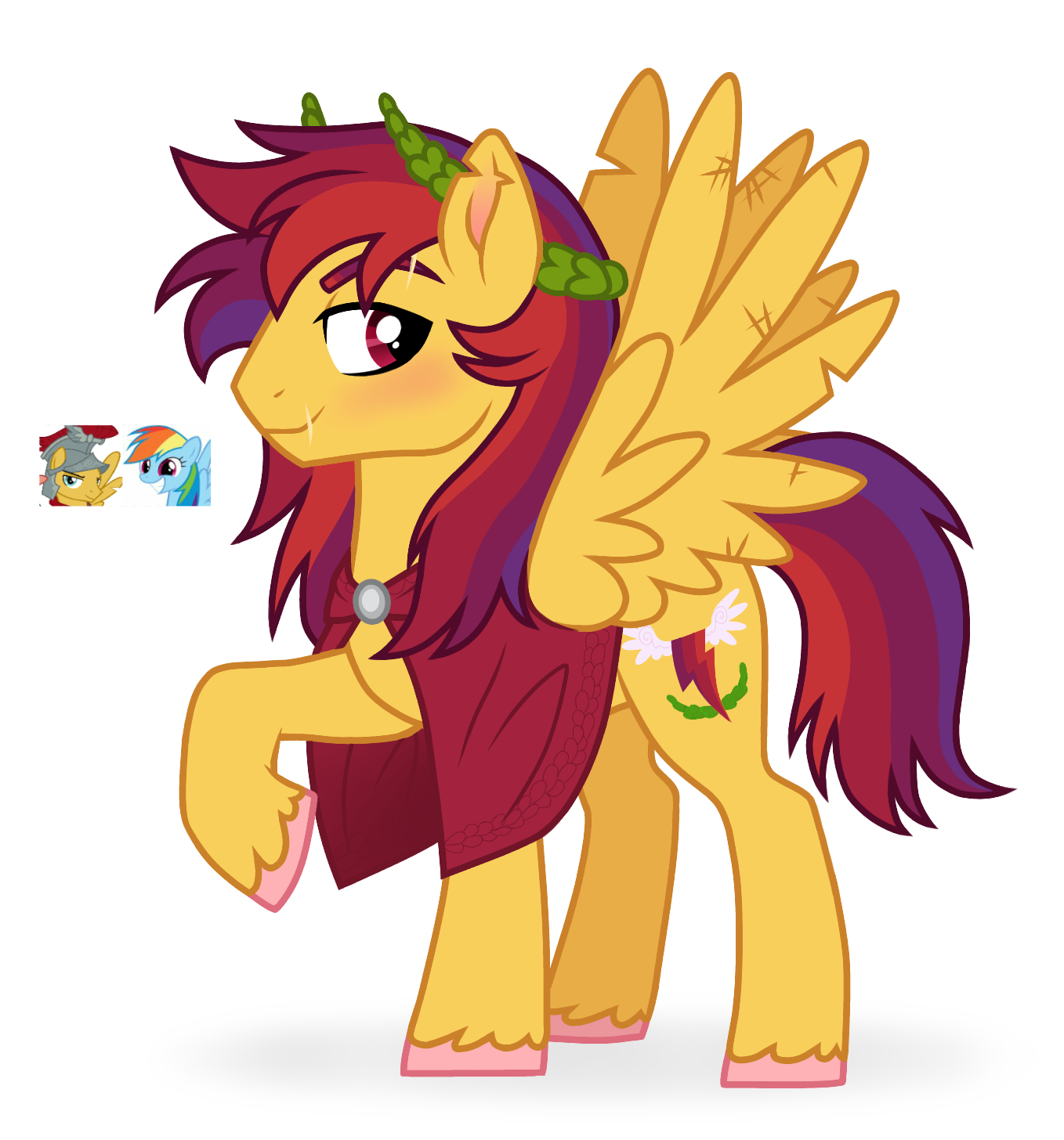 1552218 - safe, artist:unoriginai, derpibooru import, flash magnus, rainbow  dash, oc, pegasus, pony, cape, clothes, laurel wreath, male, next  generation, offspring, parent:flash magnus, parent:rainbow dash,  parents:dashmagnus, scar, screencap reference ...