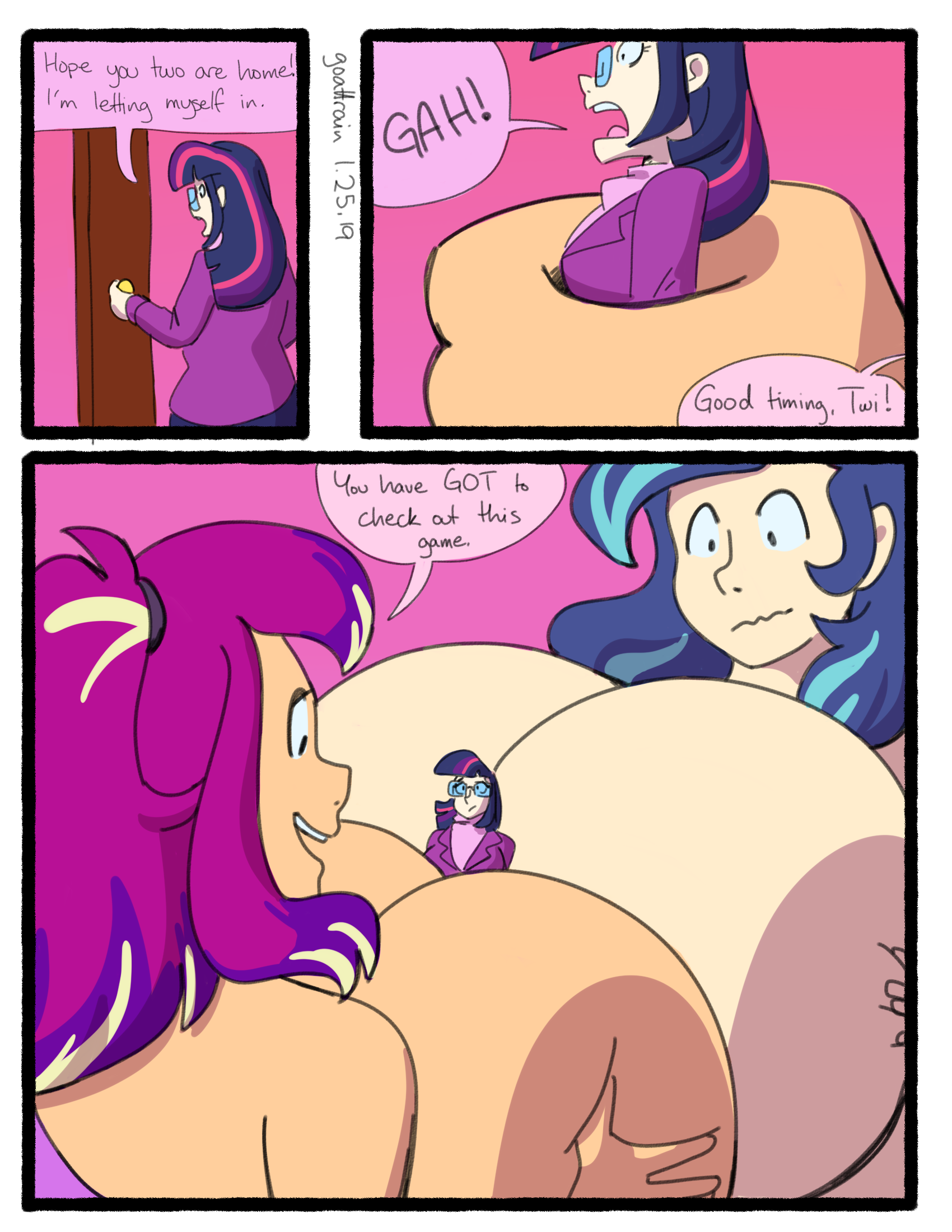 1557192 - artist:goat train, between breasts, big breasts, boob smothering,  boob squish, breasts, busty gleaming shield, busty princess cadance,  cleavage, clothes, comic, comic:growerland, derpibooru import, female,  giantess, glasses, gleaming shield ...