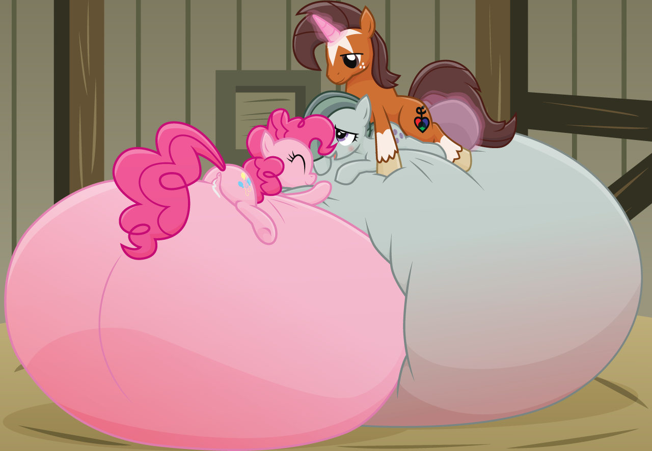 1561164 - explicit, artist:xniclord789x, derpibooru import, part of a set,  marble pie, pinkie pie, oc, oc:niku, earth pony, pony, unicorn, series:max  cumflation (xniclord789x), anus, balls, barn, belly, belly bed, belly  inflation, big