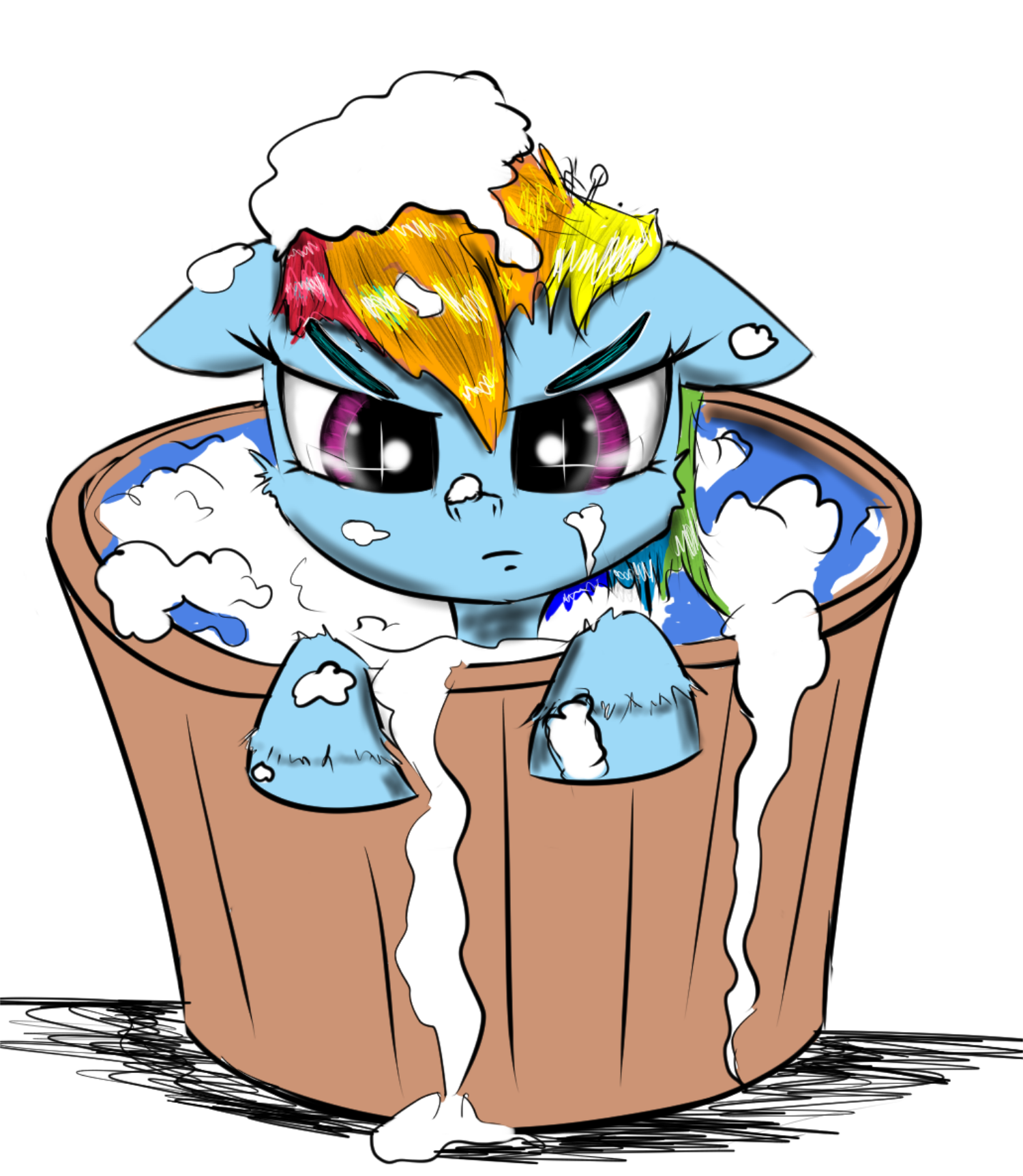 1569342 - safe, artist:chopsticks, derpibooru import, rainbow dash,  pegasus, pony, adorable face, angry, bath, bath time, bubble bath, bucket,  cheek fluff, cute, dashabetes, female, filly, filly rainbow dash, floppy  ears, grumpy, looking