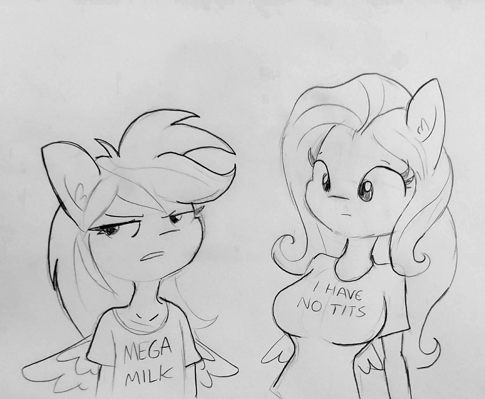 1578144 - suggestive, artist:tjpones, derpibooru import, fluttershy,  rainbow dash, anthro, bat pony, pegasus, accessory swap, breast envy,  breasts, busty fluttershy, clothes, clothes swap, delicious flat chest,  duo, ear fluff, female, flutterbat, lineart,