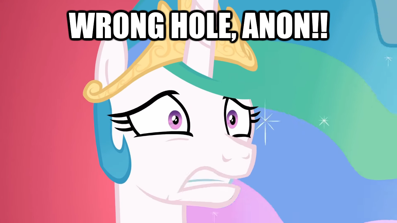 1586919 - suggestive, derpibooru import, edit, edited screencap, screencap,  princess celestia, pony, school raze, caption, faic, image macro, implied  anal, implied anon, implied sex, text, whoops, wrong hole - Twibooru