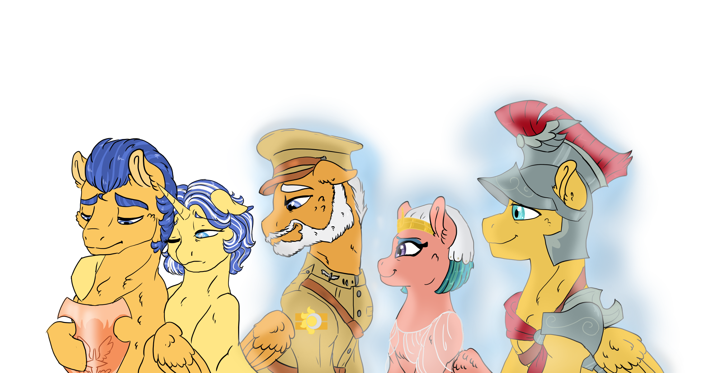 1598421 - safe, artist:miyathegoldenflower, derpibooru import, flash magnus,  flash sentry, somnambula, oc, oc:joyful sound, oc:storm strike, ghost,  pony, undead, fanfic:ponyville noire, alternate universe, ancestors, armor,  blind, clothes, fanfic art ...