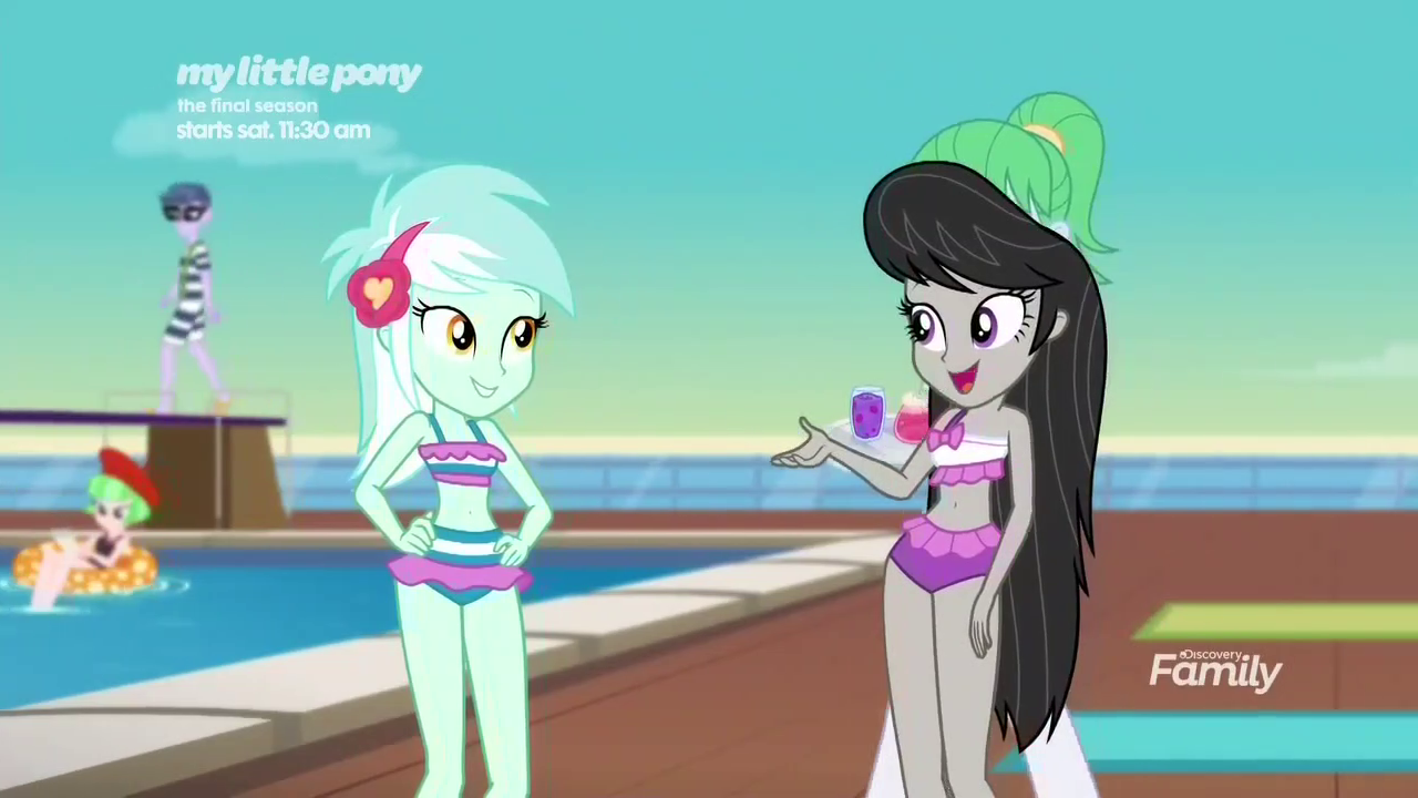 1600427 - safe, derpibooru import, screencap, lyra heartstrings,  microchips, octavia melody, unnamed character, watermelody, equestria girls,  equestria girls series, spring breakdown, spoiler:eqg series (season 2),  background human, belly button ...