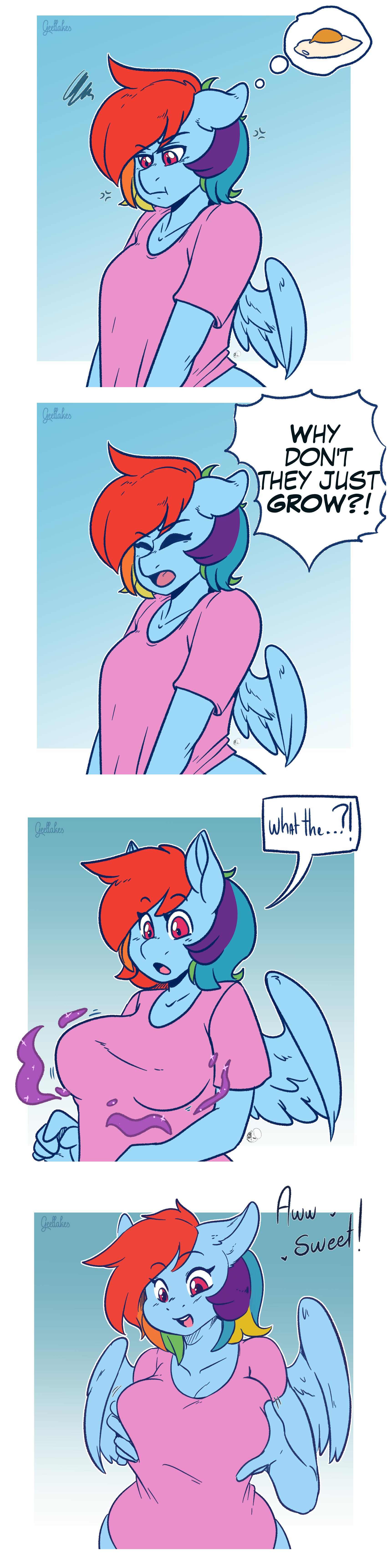 1608748 - annoyed, anthro, artist:arnachy, big breasts, breast envy, breast  expansion, breasts, busty rainbow dash, clothes, comic, derpibooru import,  dialogue, egg (food), eyes closed, female, floppy ears, food, growth,  implied twilight sparkle,