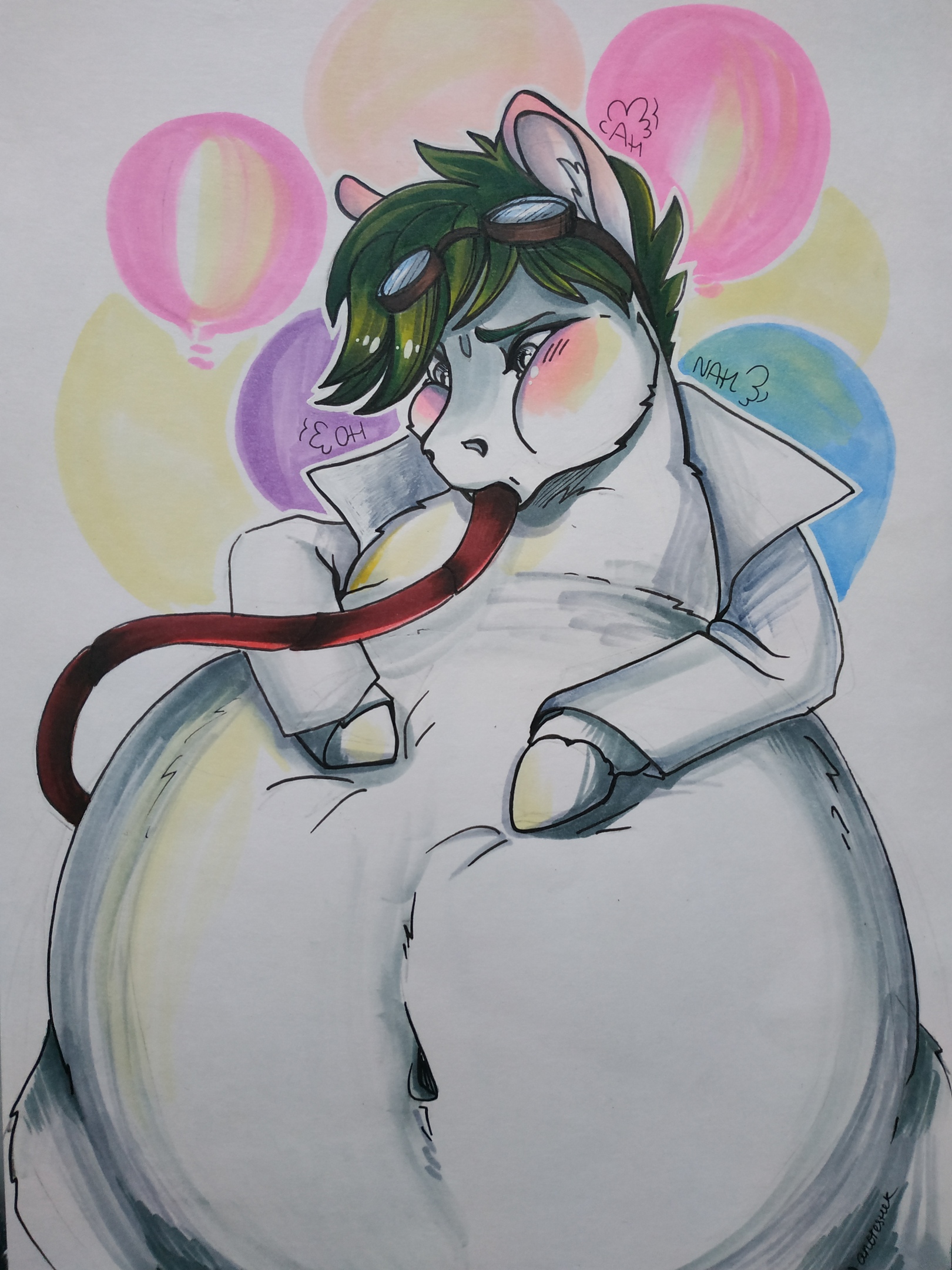 1624015 - air inflation, artist:anoreshek, balloon, belly, belly button,  big belly, clothes, derpibooru import, goggles, hose, inflation, male, oc,  oc:lexing, puffy cheeks, solo, suggestive, traditional art - Twibooru