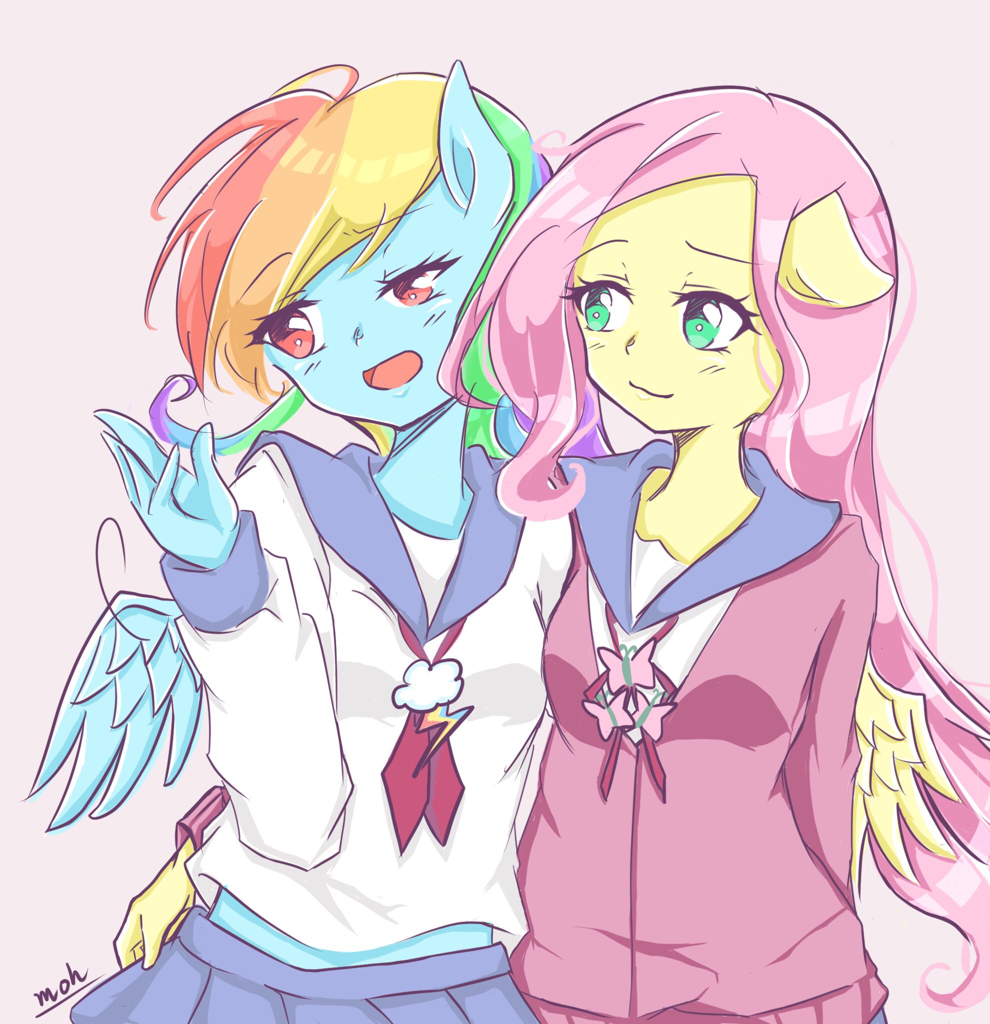 1660117 - safe, artist:moh_mlp2, derpibooru import, fluttershy, rainbow dash,  human, anime, eared humanization, female, flutterdash, humanized, lesbian,  shipping, winged humanization, wings - Twibooru