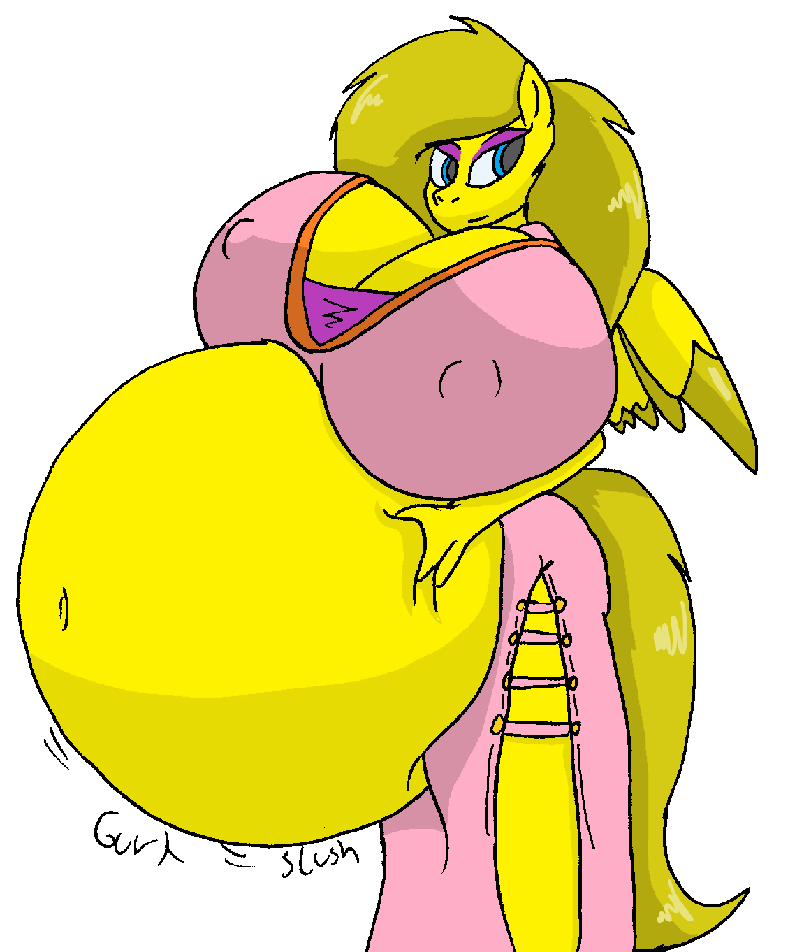 1671405 - anthro, artist:large-rarge, bad end, belly, belly button, big  belly, big breasts, breasts, cleavage, clothes, derpibooru import,  digestion, erect nipples, female, females only, fetish, grimdark, hand on  belly, huge belly, huge