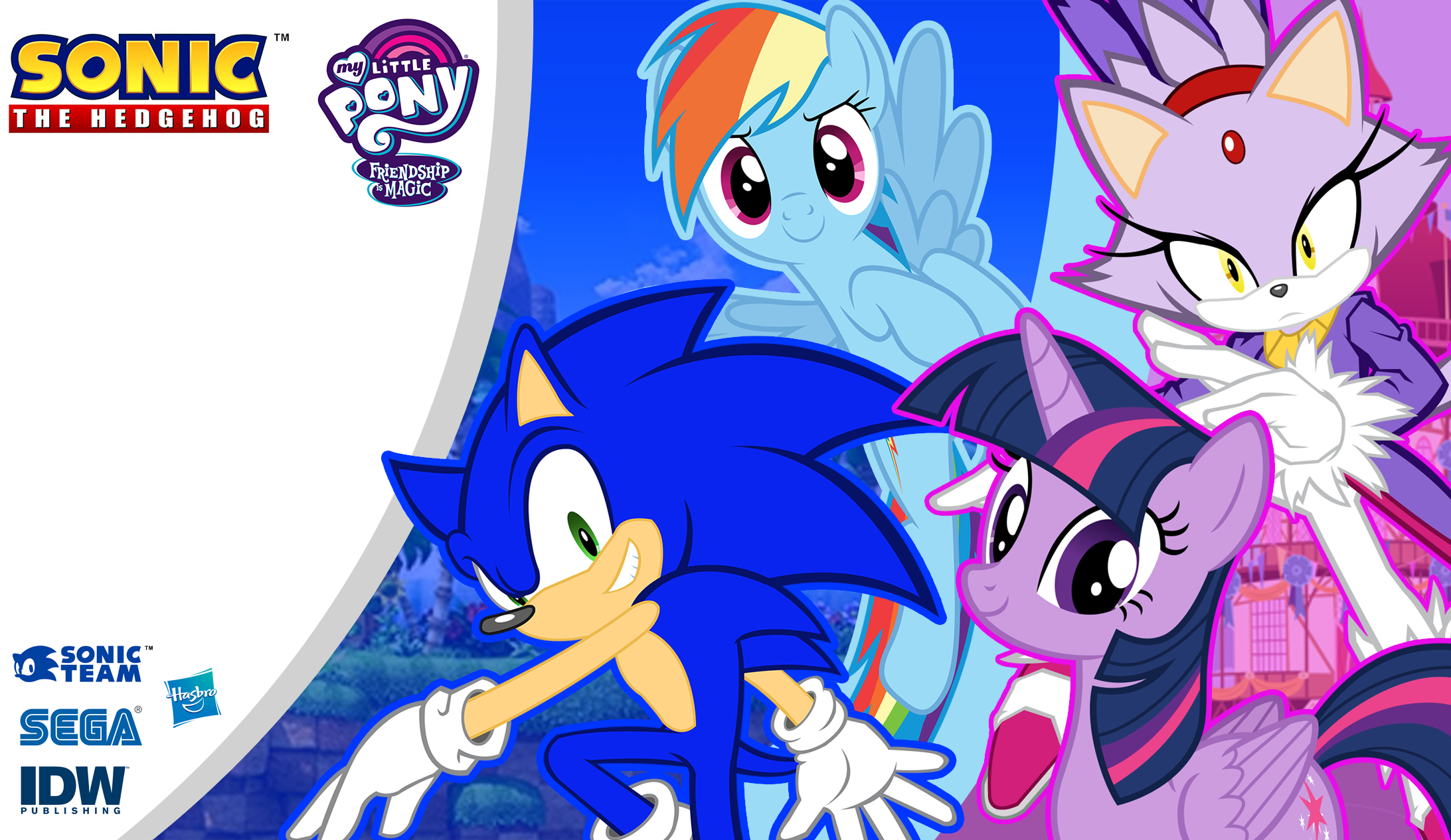 1716644 - safe, artist:trungtranhaitrung, derpibooru import, rainbow dash,  twilight sparkle, twilight sparkle (alicorn), alicorn, cat, hedgehog,  pegasus, pony, blaze the cat, crossover, female, logo, male, mare, my  little pony logo, sega, sonic