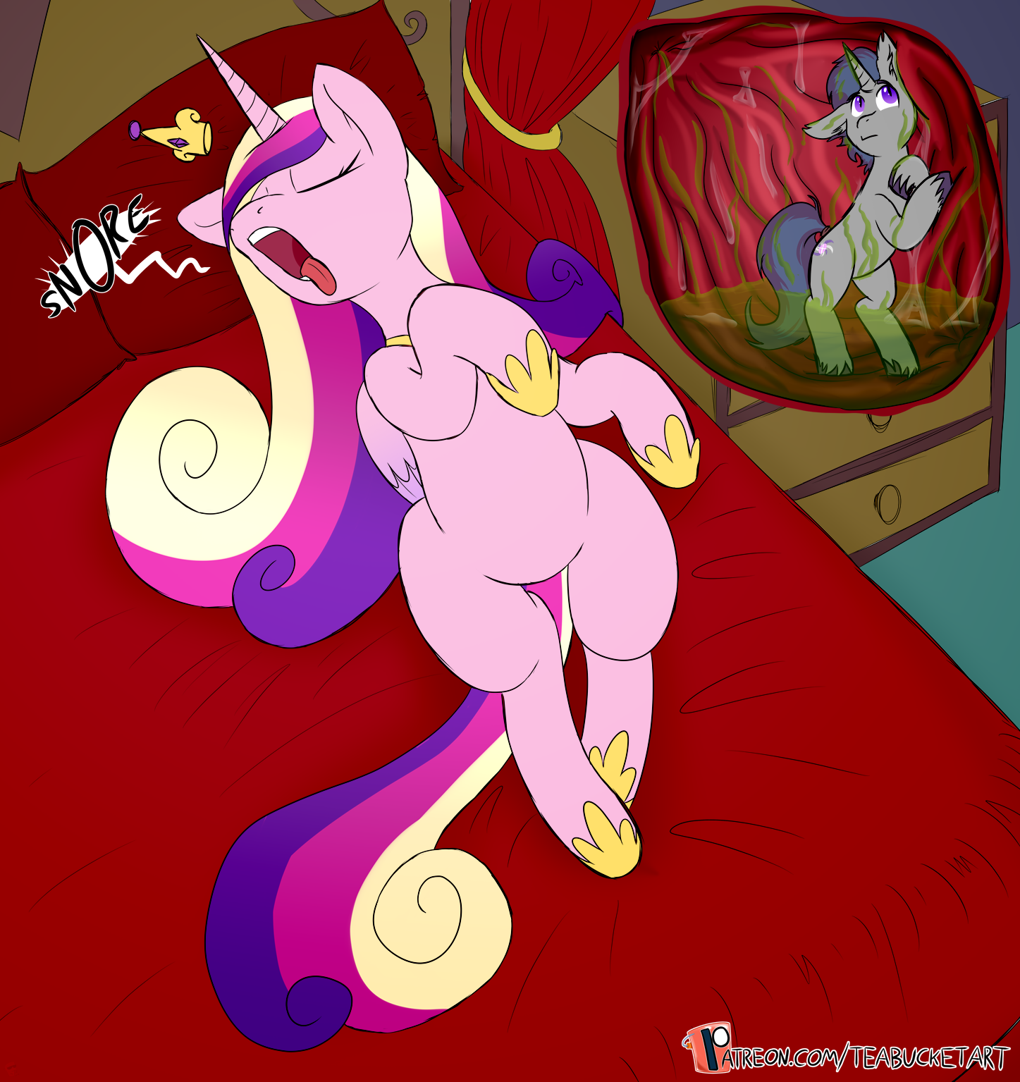 1772778 - suggestive, artist:teabucket, deleted from derpibooru, derpibooru  import, princess cadance, oc, oc:verlo streams, alicorn, pony, unicorn,  female, fetish, internal, male, mare, micro, open mouth, patreon, patreon  logo, sleeping, snoring ...