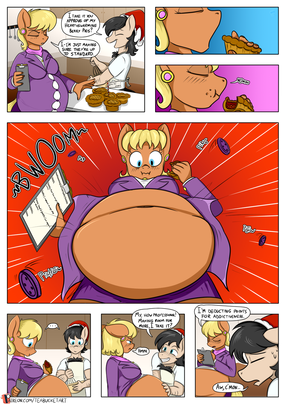 1793962 - suggestive, artist:teabucket, deleted from derpibooru, derpibooru  import, ms. harshwhinny, oc, oc:chug-a-lug, anthro, earth pony, belly, belly  expansion, big belly, breasts, button popping, christmas, comic, fat, fat  fetish, female, fetish ...