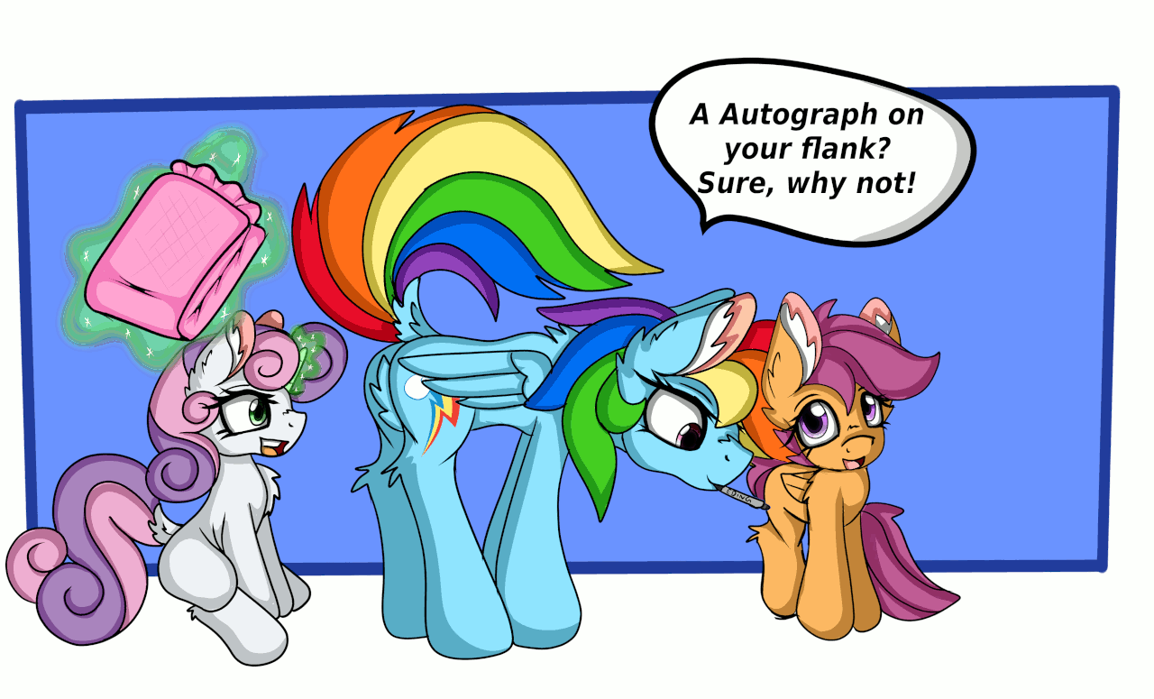 1796237 - suggestive, artist:cuddlelamb, derpibooru import, rainbow dash,  scootaloo, sweetie belle, pony, age progression, age regression, animated,  autograph, baby, baby pony, blushing, breastfeeding, diaper, dock, foal,  gif, impossibly large diaper ...