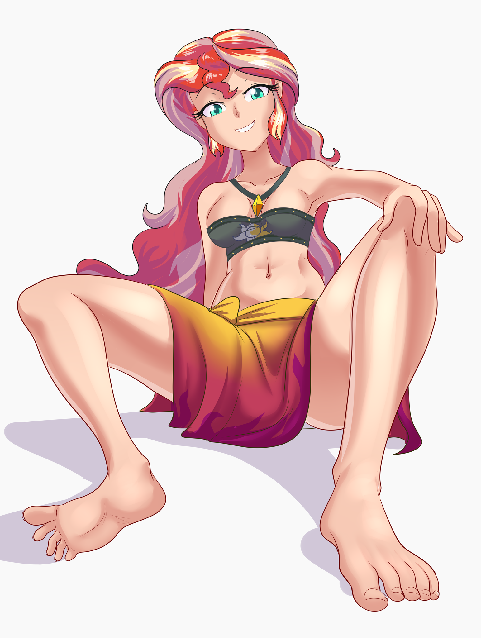 1802193 - suggestive, artist:thebrokencog, derpibooru import, sunset  shimmer, human, equestria girls, anime, armpits, barefoot, breasts, busty  sunset shimmer, commission, feet, female, fetish, foot fetish, human  coloration, looking at you, simple ...