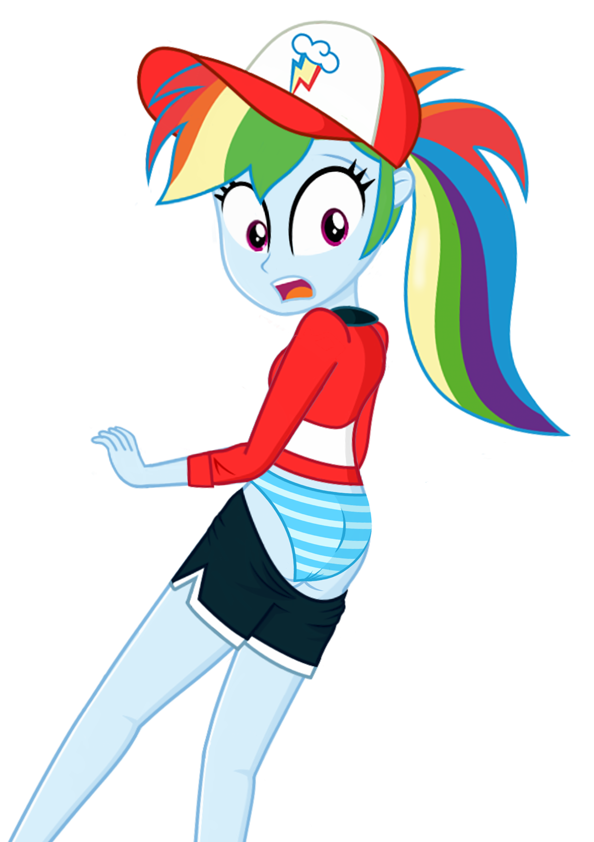 1806424 - suggestive, artist:daarkenn, derpibooru import, rainbow dash,  equestria girls, blue underwear, clothes, female, panties, simple  background, solo, solo female, striped underwear, transparent background,  underwear, wardrobe malfunction - Twibooru