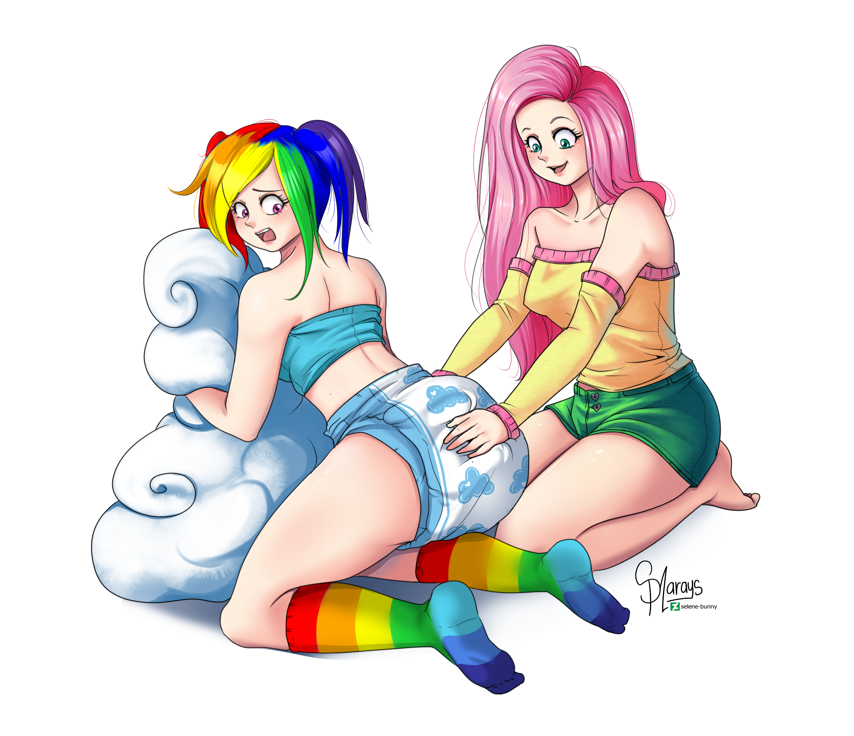 1817094 - abdl, artist:selene-bunny, blushing, breasts, caretaker, clothes,  cloud, derpibooru import, diaper, diaper check, diaper fetish, fetish,  fluttershy, human, humanized, poofy diaper, rainbow dash, rainbow socks,  simple background, socks ...