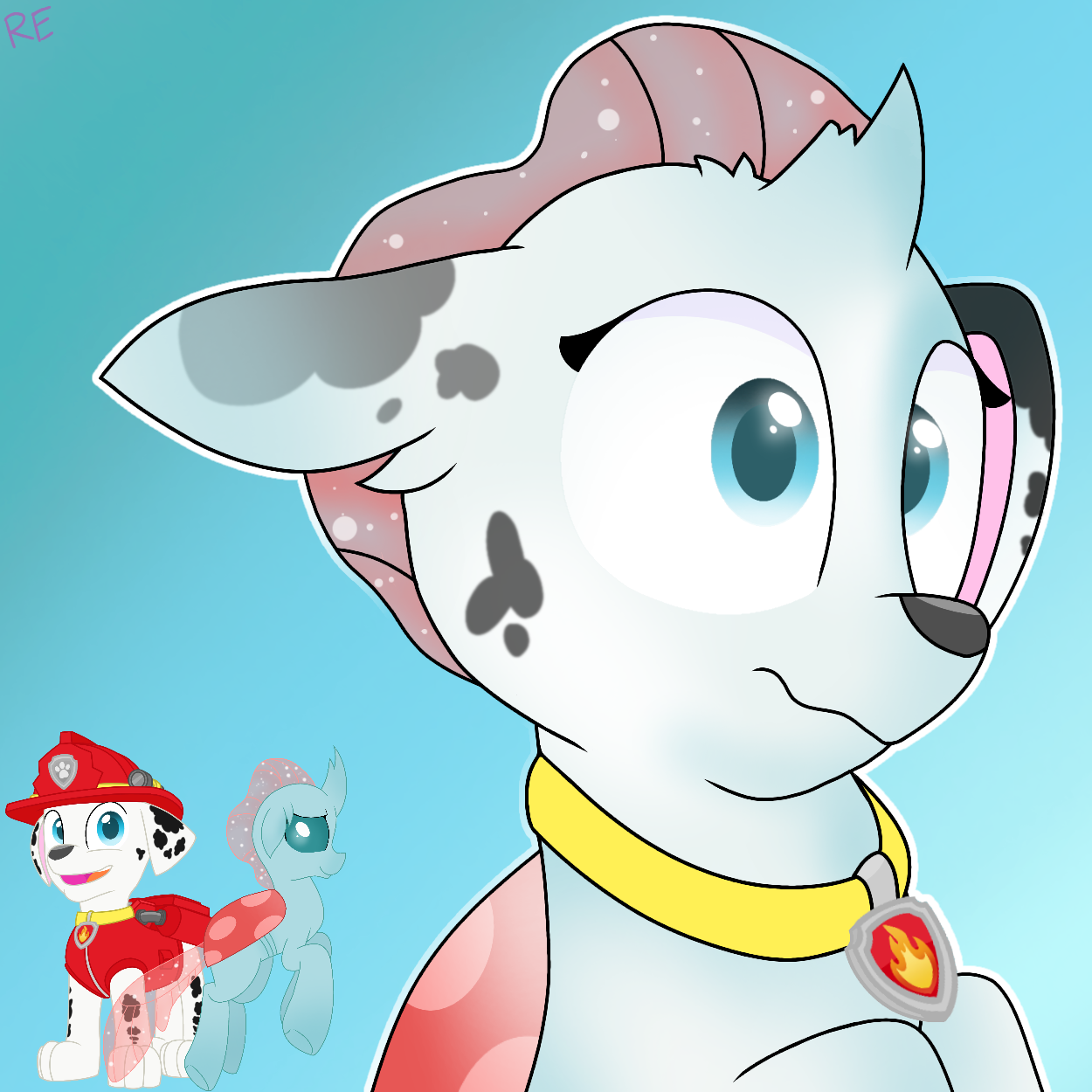 1842174 - artist:rainbow eevee, changedling, changeling, character to  character, collar, cute, dalmatian, derpibooru import, dog, gradient  background, male to female, marshall, marshall (paw patrol), ocellus, paw  patrol, rule 63, rule63betes, safe, simple