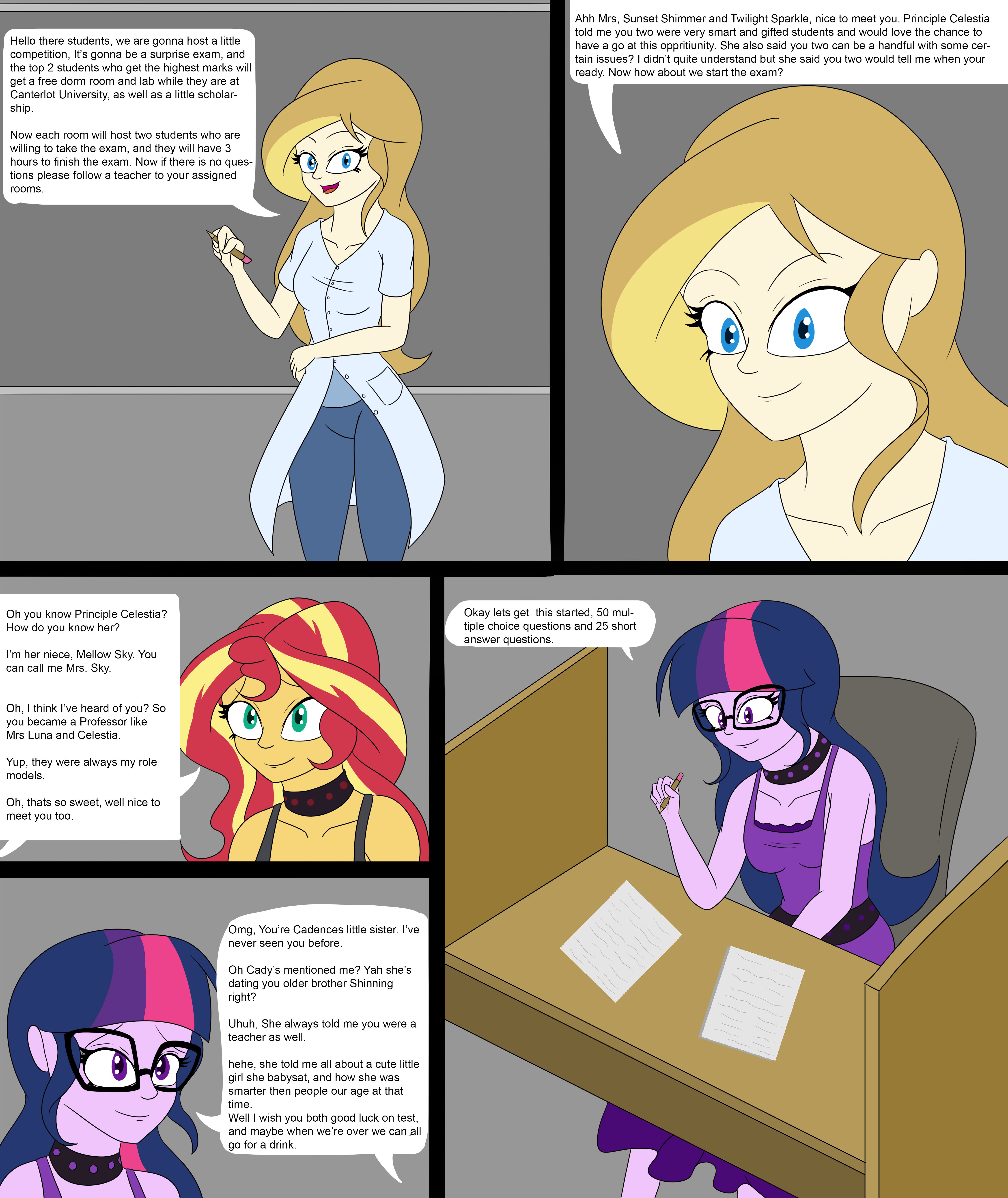 1856709 - suggestive, artist:diaperednight, derpibooru import, sci-twi,  sunset shimmer, twilight sparkle, oc, oc:mellow sky, comic:midnights pet,  equestria girls, breasts, clothes, collar, comic, cyoa, dialogue, diaper,  diaper fetish, diaper under ...