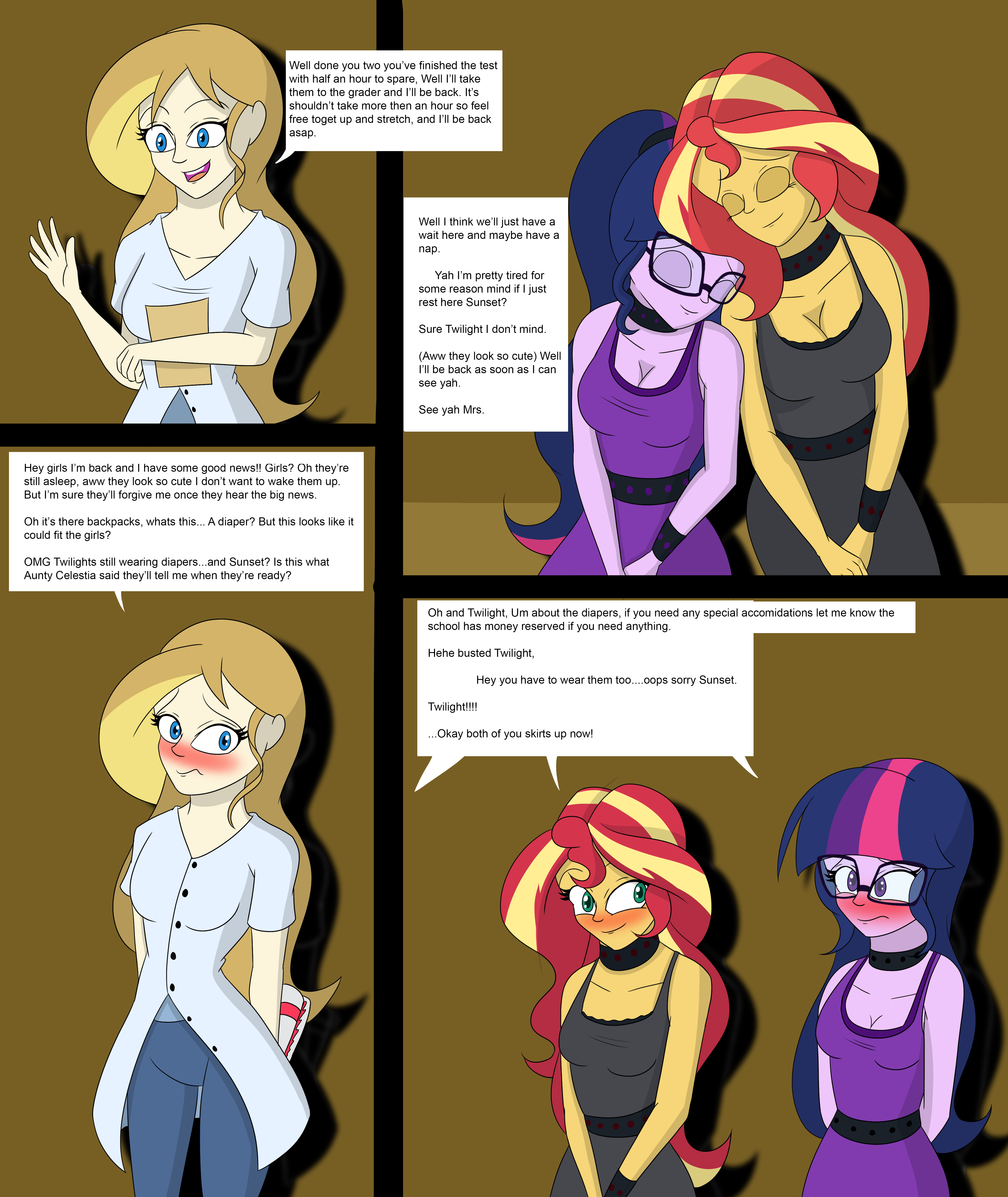 1856711 - suggestive, artist:diaperednight, derpibooru import, sci-twi,  sunset shimmer, twilight sparkle, oc, oc:mellow sky, comic:midnights pet,  equestria girls, blushing, breasts, clothes, collar, comic, cyoa, dialogue,  diaper, diaper fetish, diaper ...