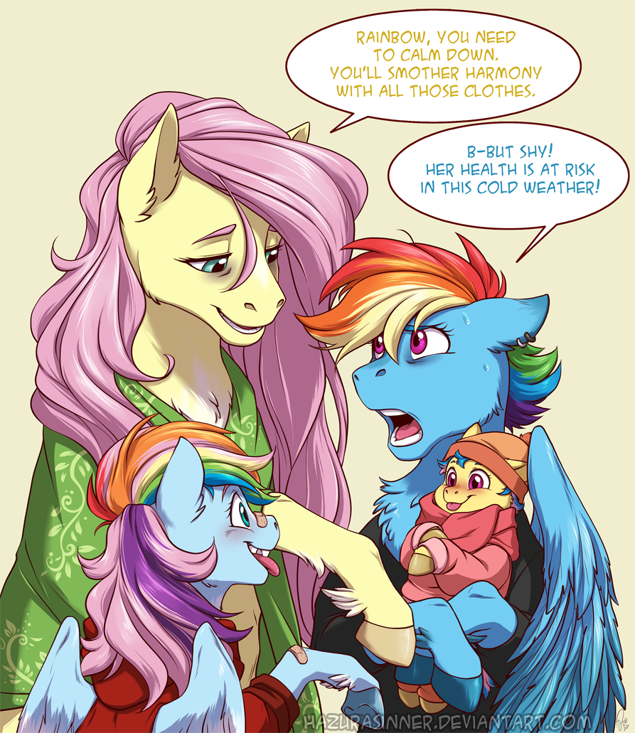 1864799 - safe, artist:hazurasinner, derpibooru import, fluttershy, rainbow  dash, oc, oc:harmony (hazurasinner), oc:windy belle, pegasus, pony, baby,  baby pony, bandaid, dialogue, family, feathered fetlocks, female, filly,  flutterdash, height ...