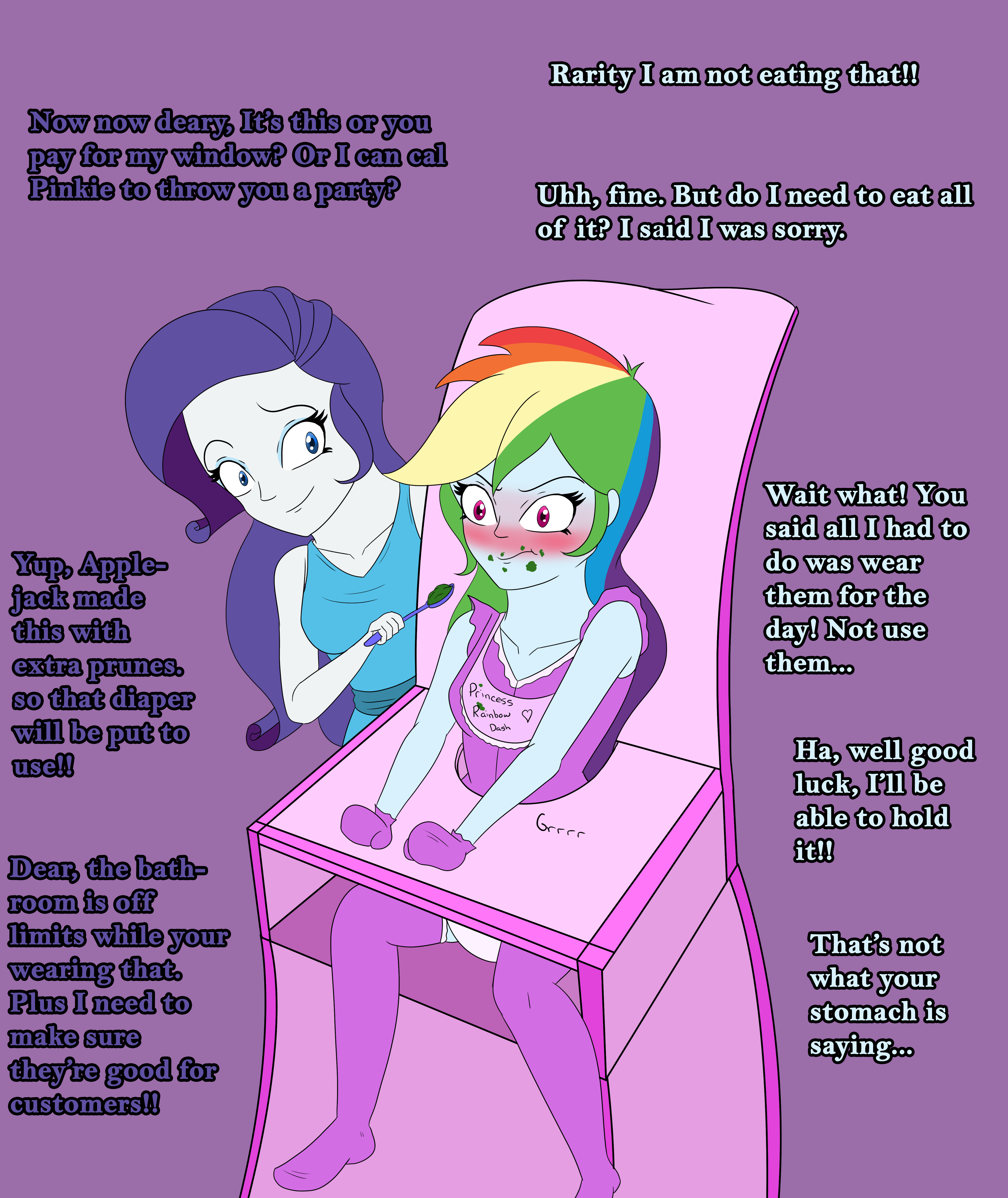 1865759 - suggestive, artist:diaperednight, derpibooru import, rainbow  dash, rarity, equestria girls, baby food, bib, blushing, clothes, diaper,  diaper fetish, diaper punishment, feeding, fetish, highchair, humiliation,  messy eating, mittens, socks ...