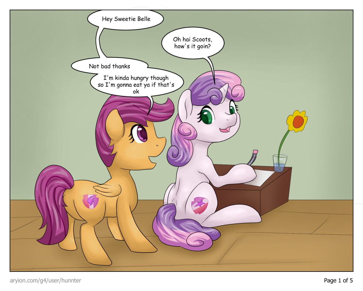 1865892 - safe, artist:hunnter, derpibooru import, scootaloo, sweetie  belle, pegasus, pony, unicorn, comic:scoots grabs a snack, dialogue,  female, filly, imminent vore - Twibooru