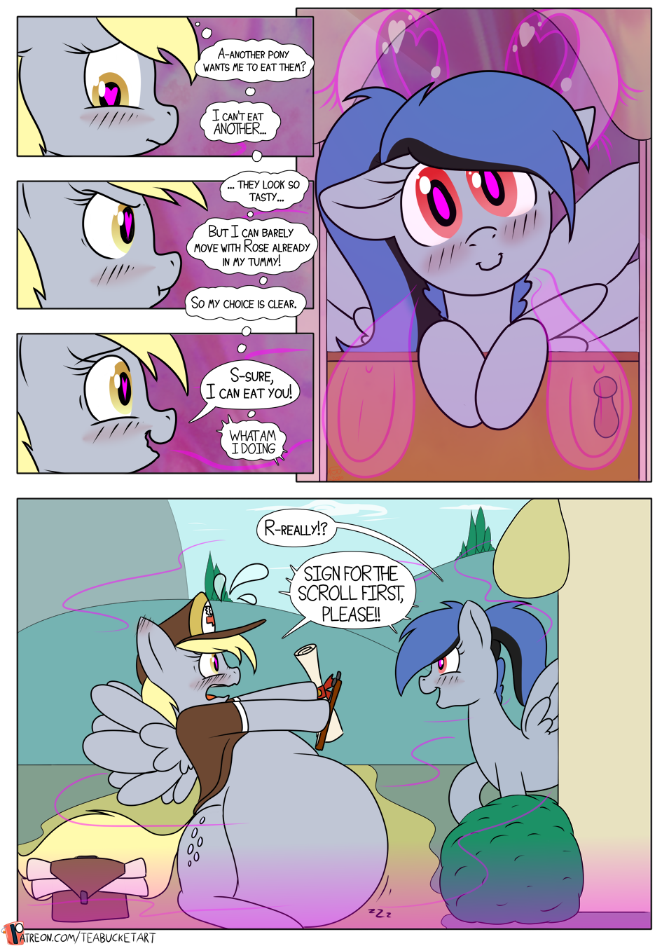 1869847 - suggestive, artist:teabucket, deleted from derpibooru, derpibooru  import, derpy hooves, oc, oc:acela, pegasus, pony, comic:poison apple,  belly, big belly, blushing, butt, comic, cute, derpypred, dialogue,  endosoma, female, fetish, heart eyes ...