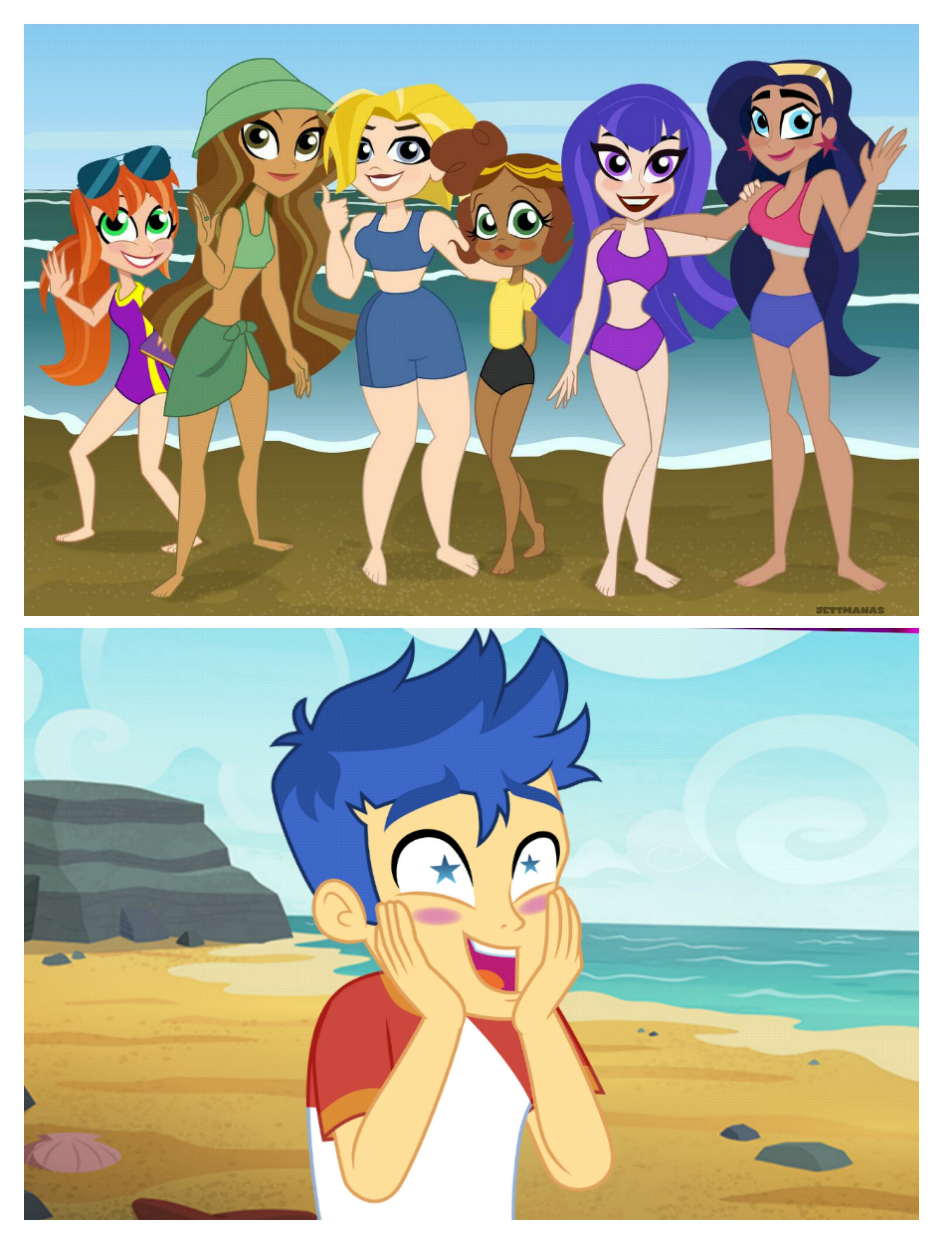 1879631 - safe, artist:jettmanas, derpibooru import, edit, flash sentry,  alicorn, equestria girls, spring breakdown, barbara gordon, batgirl, beach,  bumblebee, clothes, dc superhero girls, diana prince, green lantern,  jessica cruz, kara danvers, karen