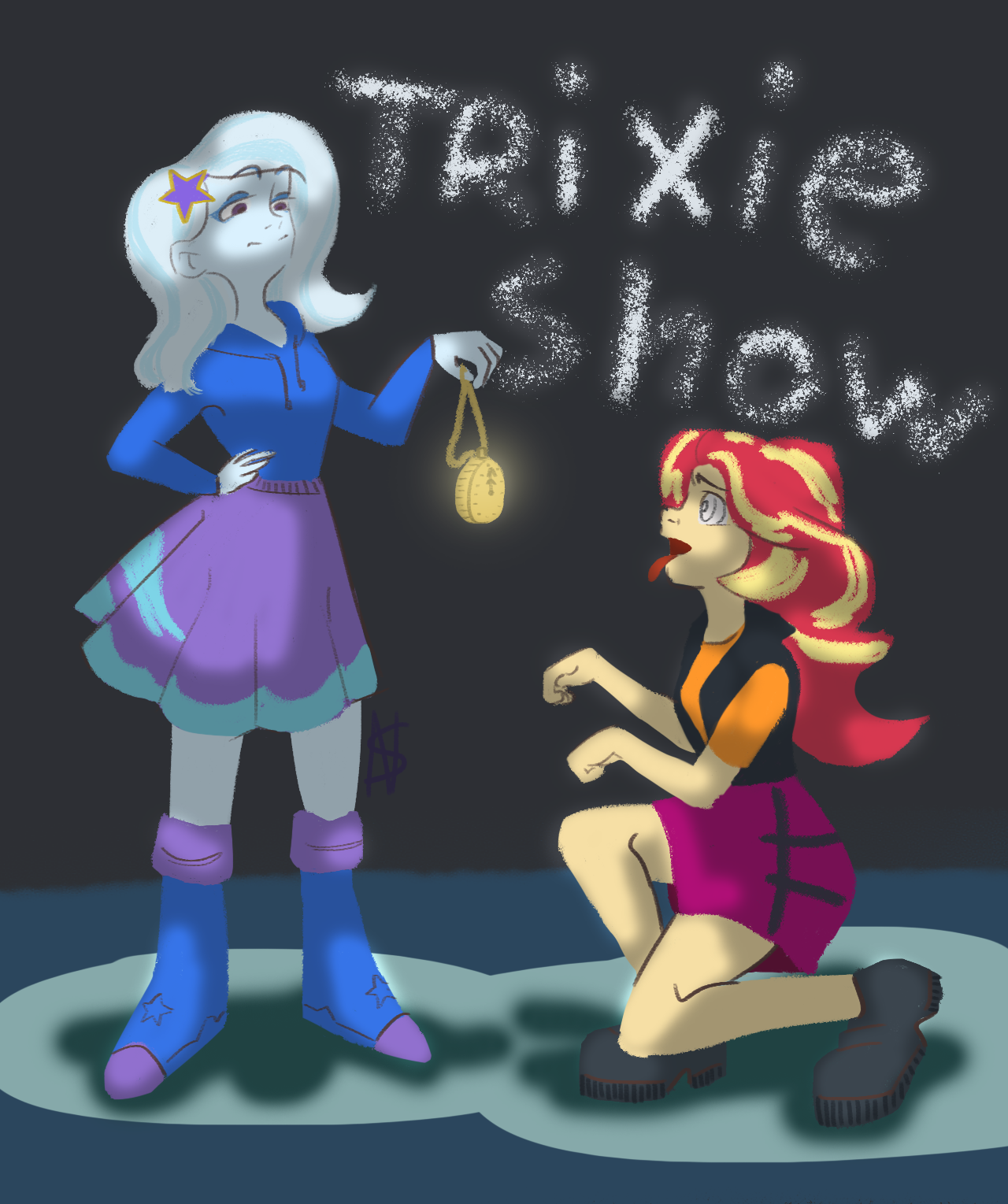 1905823 - safe, artist:stasynosok, derpibooru import, sunset shimmer,  trixie, equestria girls, behaving like a dog, hypnosis, hypnotized,  pendulum swing, pocket watch, swirly eyes - Twibooru