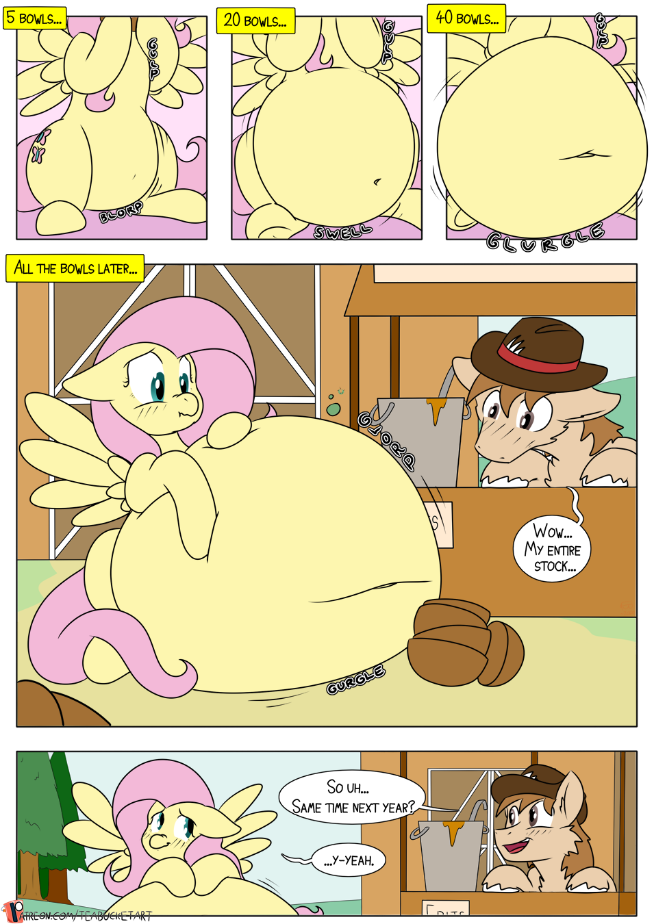 1915964 - suggestive, artist:teabucket, deleted from derpibooru, derpibooru  import, fluttershy, oc, oc:butternut squash, earth pony, belly, big belly,  bloated, blushing, comic, earth pony oc, eating, embarrassed, food, hat,  huge belly, impossibly large