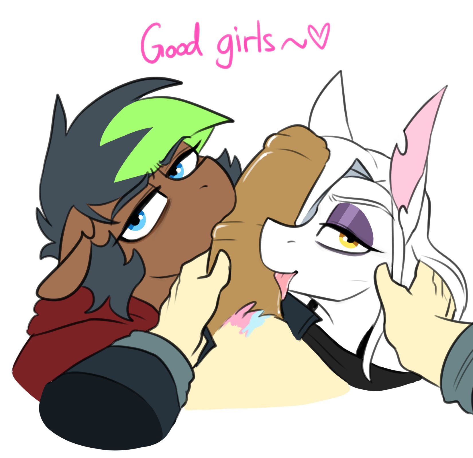 1937080 - explicit, artist:redxbacon, derpibooru import, oc, oc:candy floss  (redxbacon), oc:pixel bite, oc:rubber bunny, unofficial characters only,  anthro, earth pony, anthro oc, bedroom eyes, blowjob, blushing, clothed  sex, clothes, digital art, double