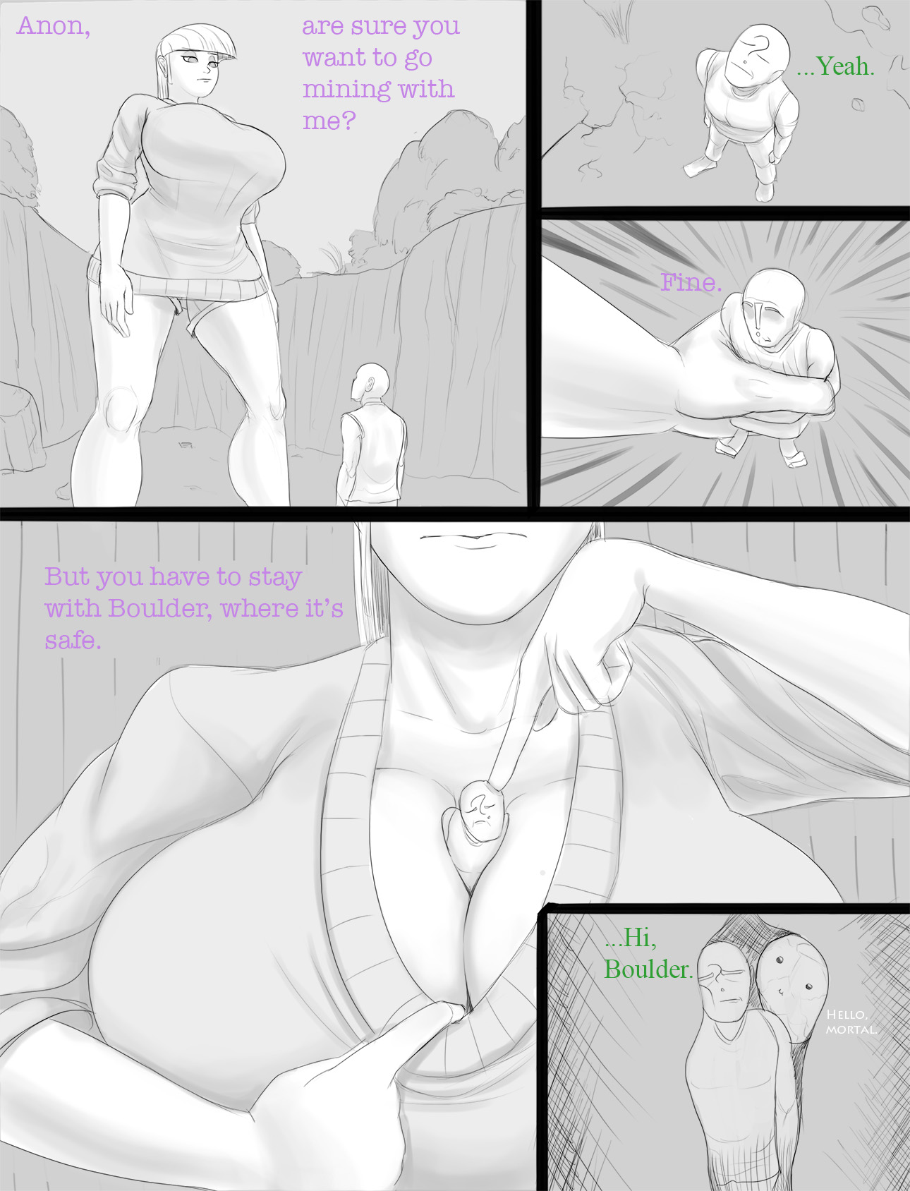 1970522 - suggestive, artist:maarthul, derpibooru import, boulder (pet),  maud pie, oc, oc:anon, human, between breasts, big breasts, boob smothering,  breasts, busty maud pie, cleavage, comic, female, giantess, huge breasts,  humanized, macro, male,