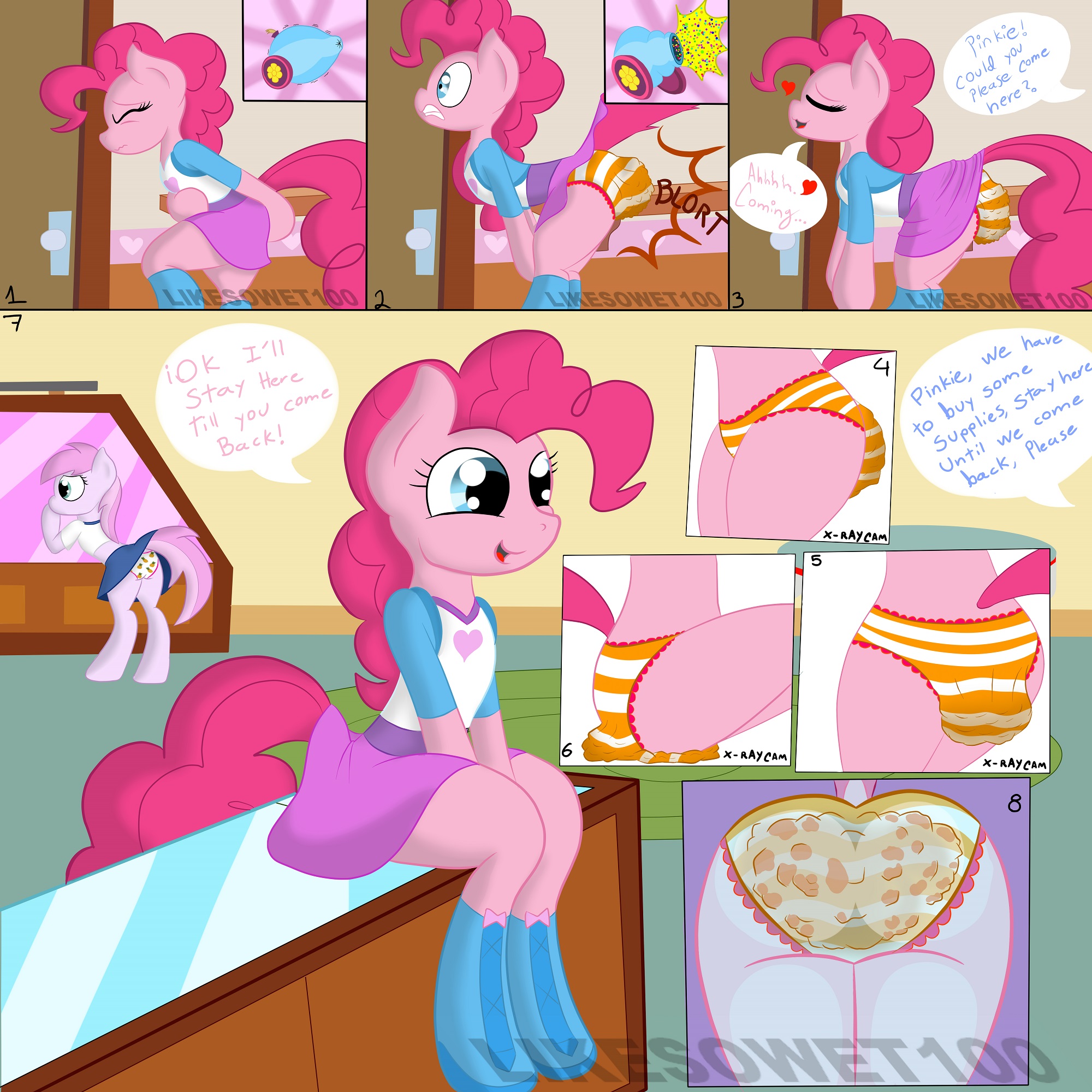 1971583 - accident, artist:likesowet100, clothes, comic, derpibooru import,  fetish, frilly underwear, messing, midriff, panties, pantypoop, piña  colada, pinkie pie, poop, pooping, potty failure, questionable, scat, short  shirt, skirt, squishy, squooshy ...