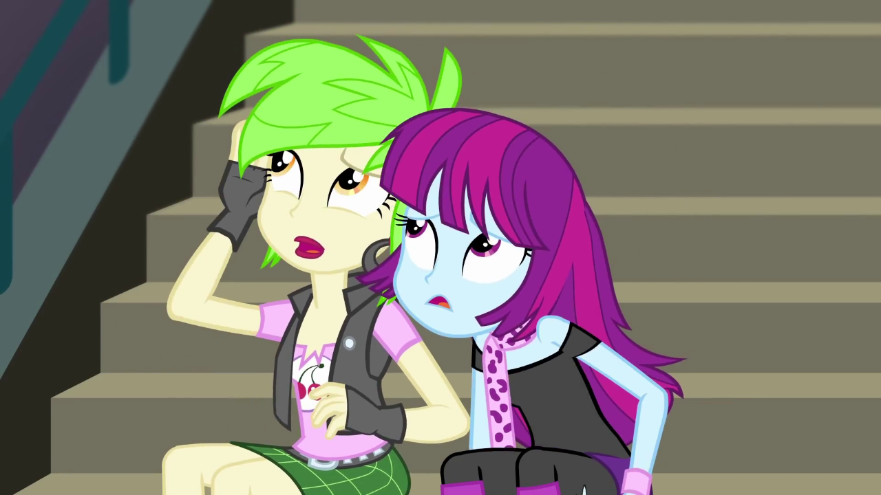 1997799 - safe, derpibooru import, screencap, cherry crash, mystery mint,  equestria girls, equestria girls series, fluttershys butterflies,  background human, bare shoulders, best friends, bracelet, clothes,  confused, cute, designs, duo, duo female, ear