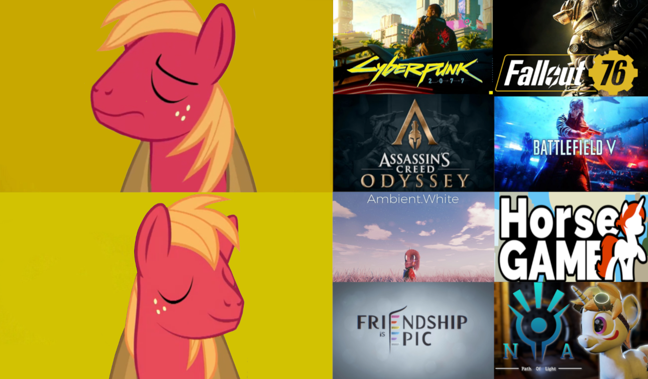 Safe Derpibooru Import Big Macintosh Pony Ambient Prologue Ambient White Assassin S Creed Assassin S Creed Odyssey Battlefield 5 Cyberpunk 77 Drake Exploitable Meme Fallout Fallout 76 Friendship Is Epic Horse Game Hotline Bling