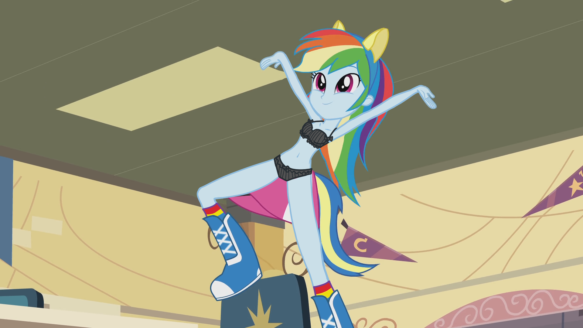 2134661 - suggestive, derpibooru import, edit, edited screencap, screencap, rainbow  dash, equestria girls, equestria girls (movie), belly button, black  underwear, bra, breasts, chair, clothes, ears, exhibitionism, female,  frilly underwear, lingerie