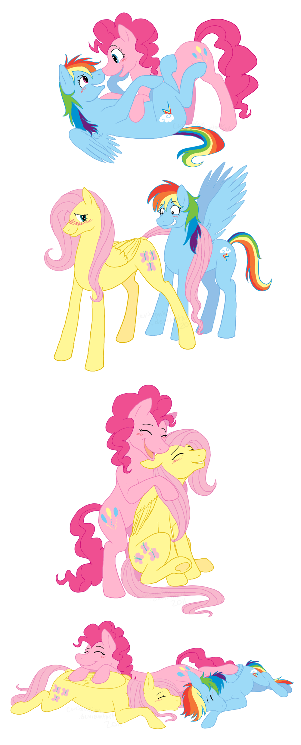 13257 - dead source, suggestive, artist:cartoonlion, derpibooru import,  fluttershy, pinkie pie, rainbow dash, earth pony, pegasus, pony, blushing,  eye contact, female, flutterdash, flutterdashpie, flutterpie, group sex,  hug, hug from behind, lesbian