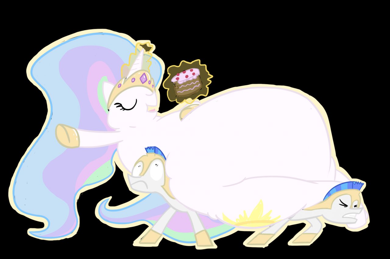 15473 - artist needed, safe, derpibooru import, princess celestia, alicorn,  pony, black background, cake, carrying, chubbylestia, fat, female, male,  mare, obese, princess, royal guard, simple background, stallion - Twibooru