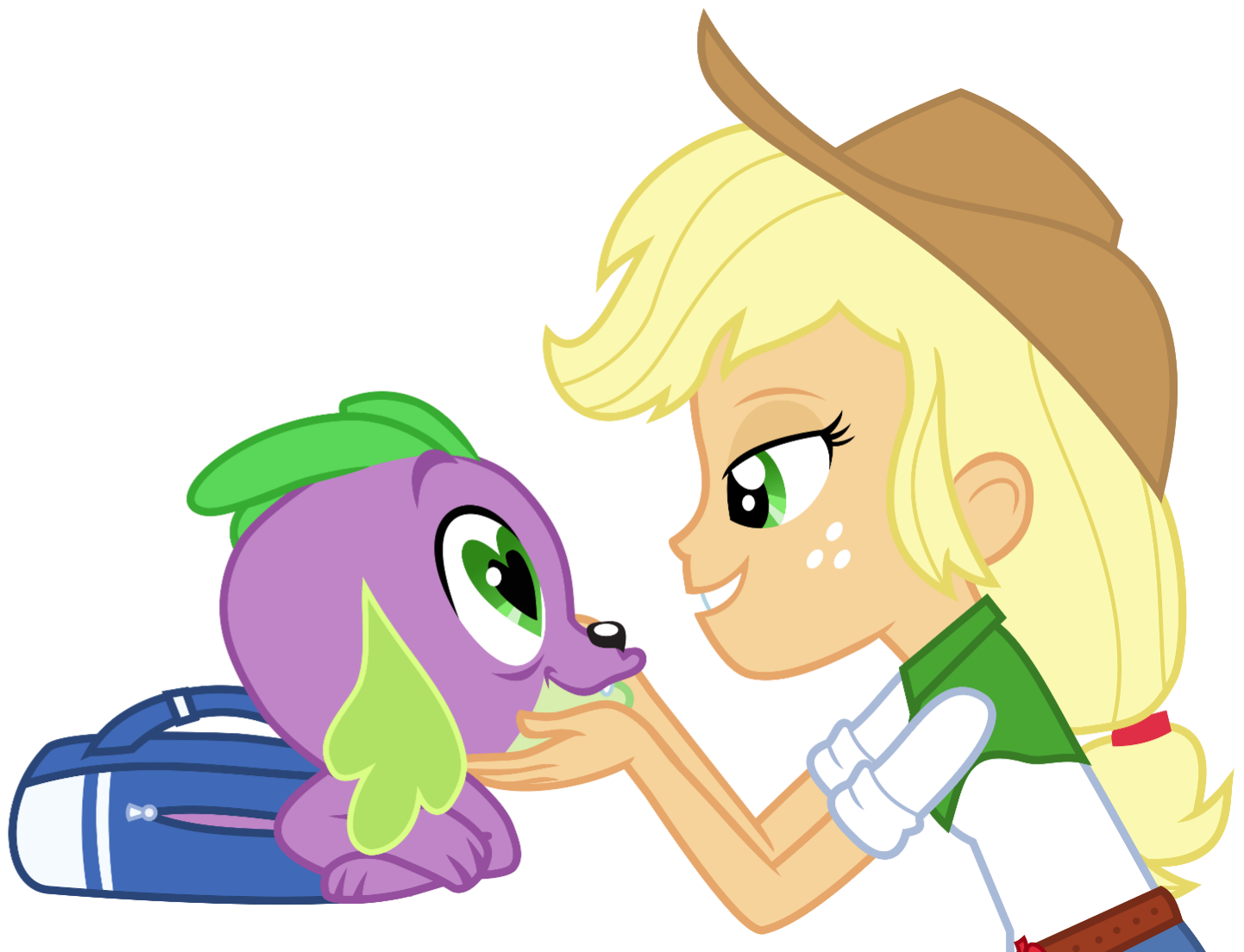 2183560 - safe, banned from derpibooru, deleted from derpibooru, derpibooru  import, applejack, spike, dog, human, equestria girls, affection,  applespike, backpack, caress, female, heart eyes, male, shipping, simple  background, smiley face, spike the