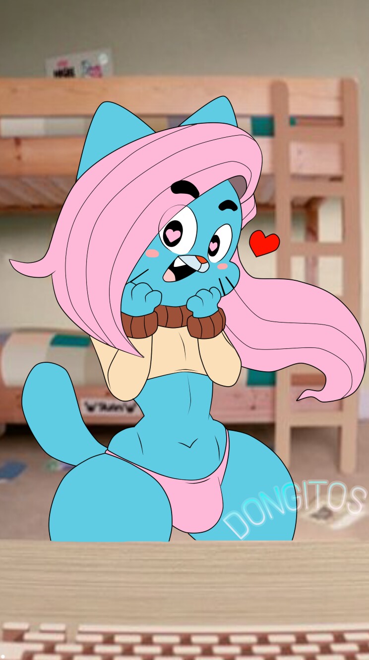 2211625 - suggestive, banned from derpibooru, deleted from derpibooru,  derpibooru import, belly button, blushing, bunk bed, clothes, cosplay,  costume, crossdressing, crossover, girly, gumball watterson, looking at  you, male, midriff, panties, solo, solo