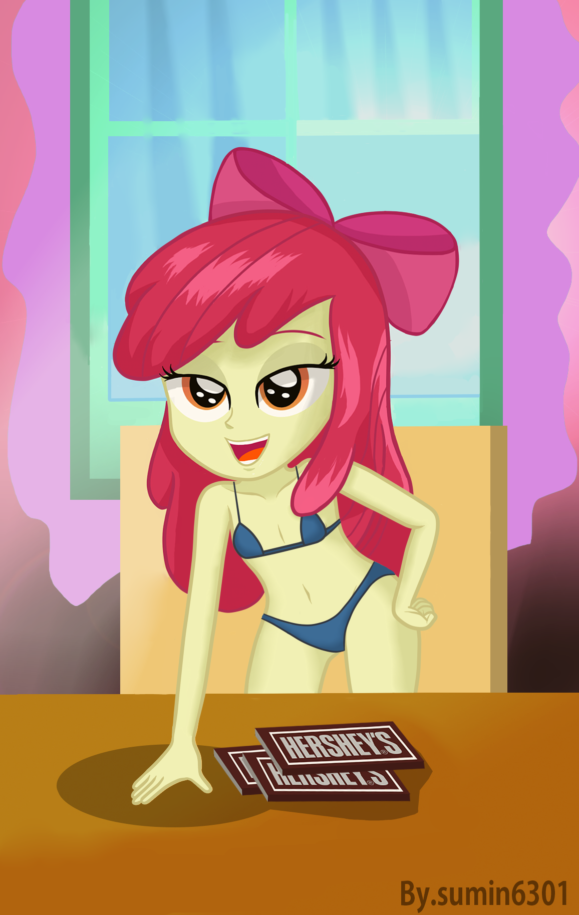 2232455 - suggestive, artist:sumin6301, banned from derpibooru, deleted  from derpibooru, derpibooru import, edit, apple bloom, equestria girls,  bedroom eyes, bra, breasts, chocolate, clothes, delicious flat chest,  female, food, hershey bar, image, lolicon