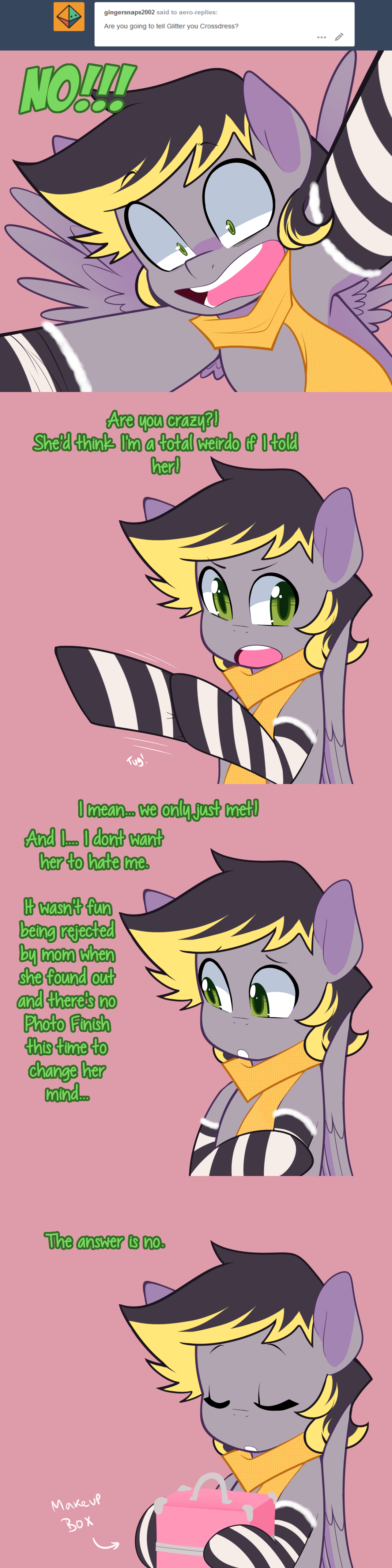 2161804 - safe, artist:senseidezzy, deleted from derpibooru, derpibooru  import, oc, oc:aero, unofficial characters only, pegasus, pony, comic:when  aero met glitter, aero replies, ask, box, clothes, colt, comic,  crossdressing, cute, makeup, male, no,