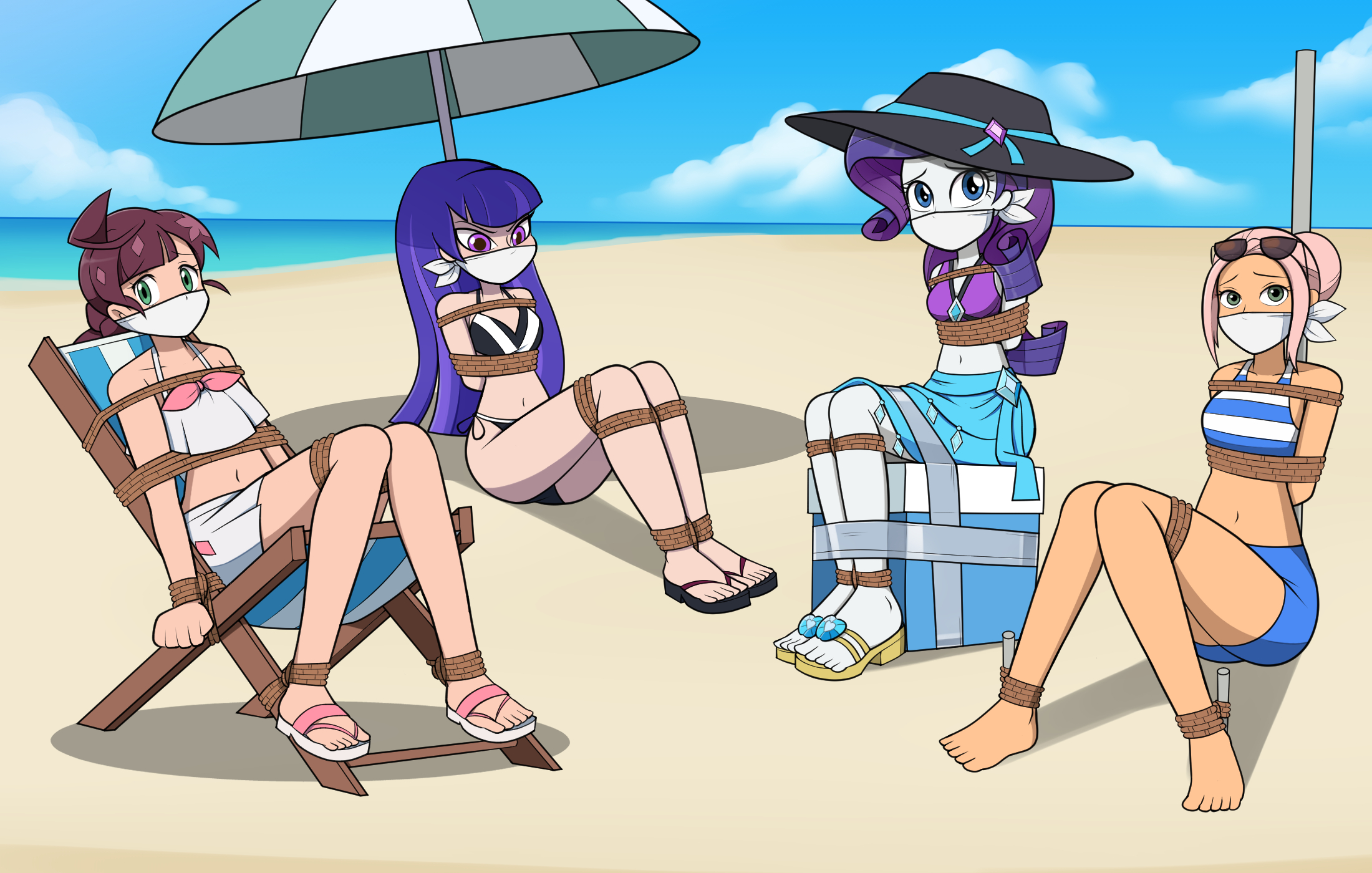 2574172 - suggestive, alternate version, artist:nivek15, derpibooru import,  rarity, human, equestria girls, arm behind back, barefoot, beach, beach  chair, beach hat, beach umbrella, belly button, bikini, bikini bottom,  bikini top, bondage, bound