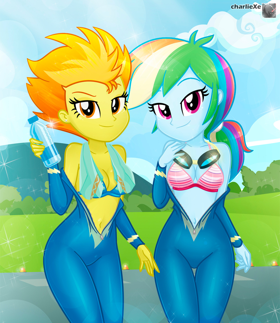 2584809 - suggestive, artist:charliexe, derpibooru import, rainbow dash,  spitfire, equestria girls, belly button, clothes, duo, duo female,  equestria girls-ified, female, image, jpeg, looking at you, uniform,  wonderbolts uniform - Twibooru