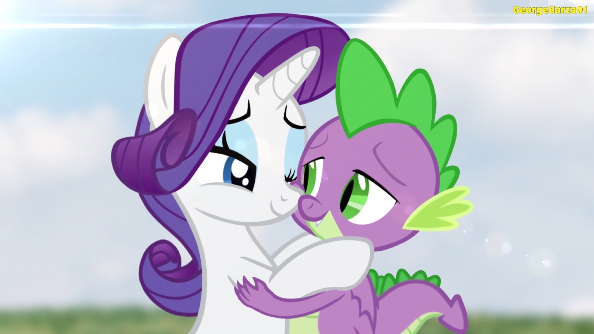 2611570 - safe, artist:georgegarza01, derpibooru import, rarity, spike,  dragon, unicorn, female, holding each other, image, jpeg, male, one eye  closed, shipping, sparity, straight, winged spike, wings - Twibooru