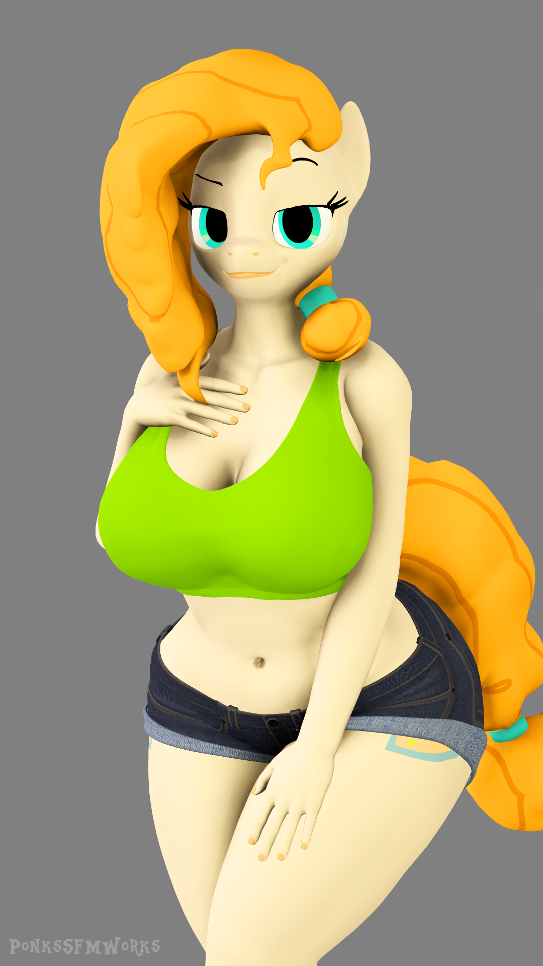 2269618 - suggestive, artist:ponkssfmworks, derpibooru import, pear butter,  anthro, earth pony, 3d, big breasts, booty shorts, breasts, clothes, cutie  mark, female, hand on chest, hand on thigh, large butt, looking at you,