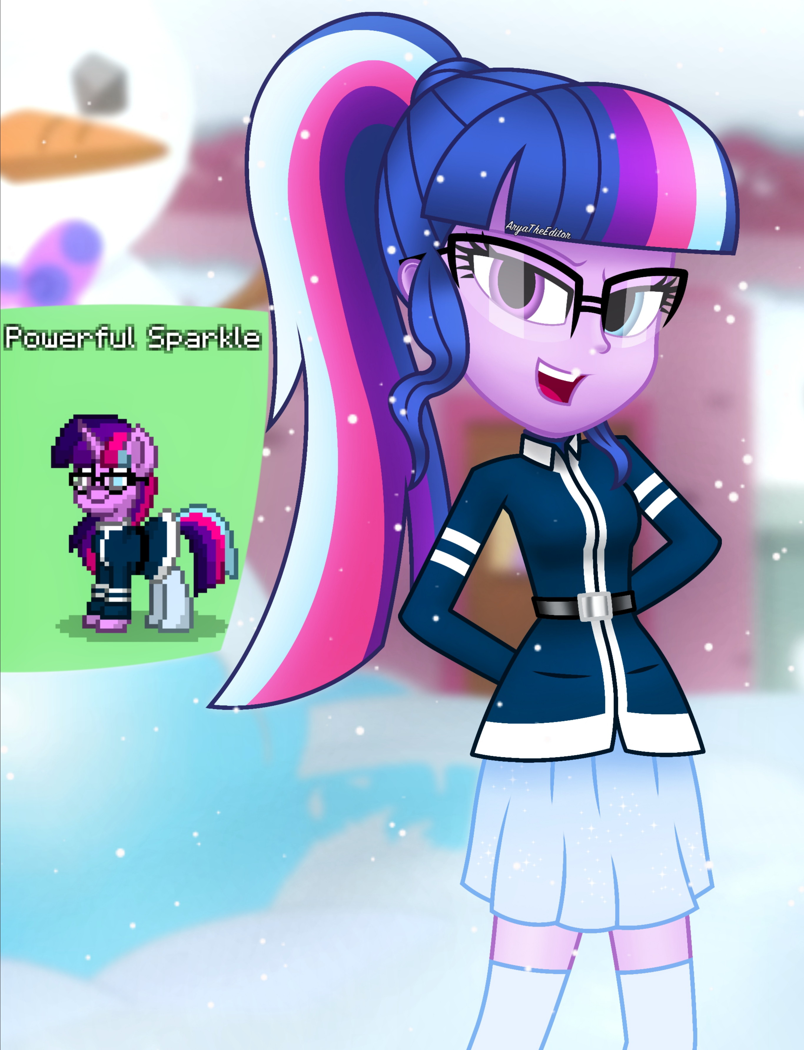 2279322 - safe, artist:aryatheeditor, derpibooru import, sci-twi, twilight  sparkle, pony, unicorn, pony town, equestria girls, belt, boots, clothes,  coat, digital art, female, glasses, heterochromia, horn, human and pony,  looking at you, outfit,