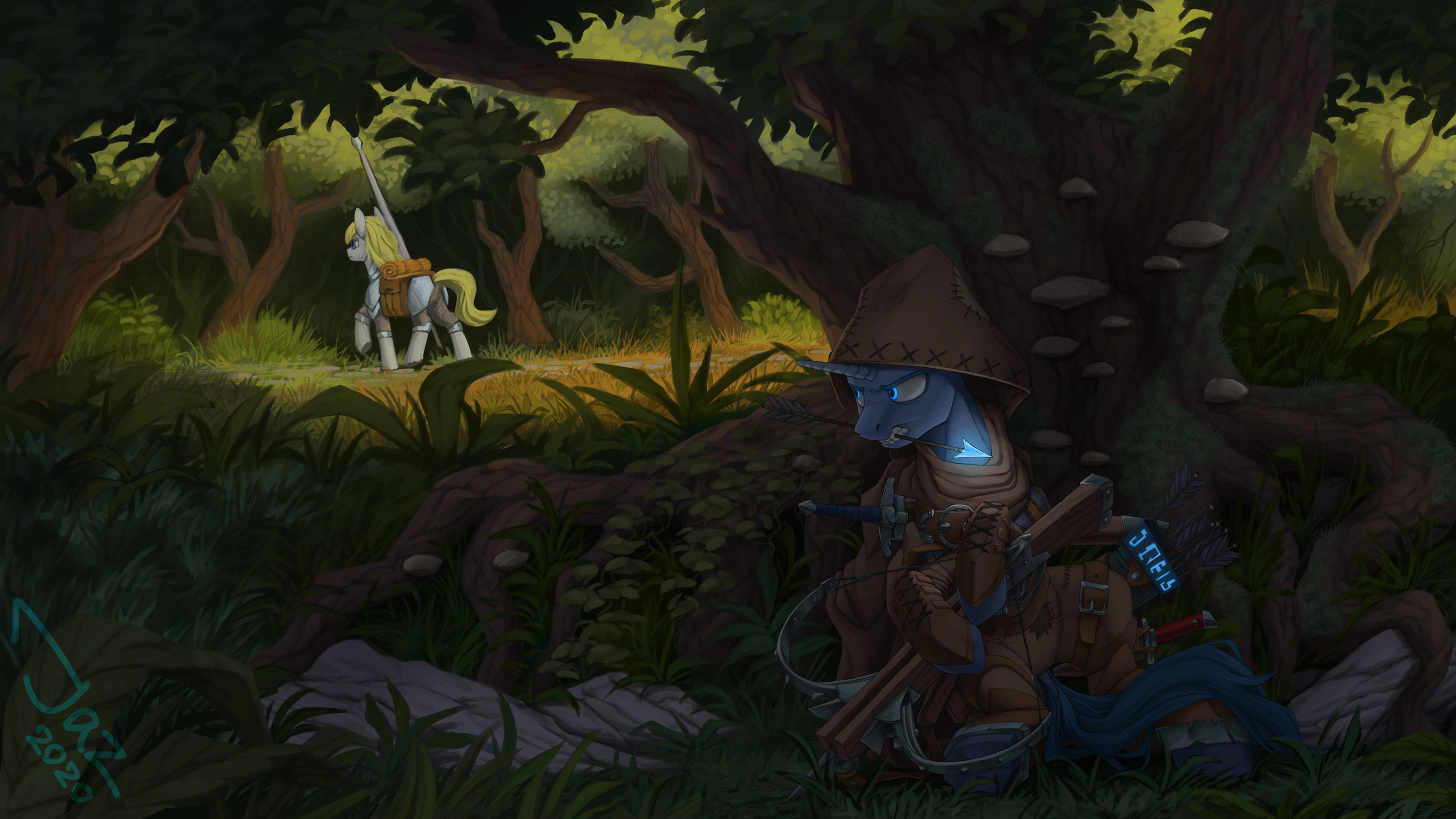 2286906 - safe, artist:1jaz, derpibooru import, oc, unofficial characters  only, earth pony, pony, unicorn, ambush, arrows, bag, bush, clothes,  crossbow, fantasy, forest, grass, hiding, saddle bag, scenery, tree, weapon  - Twibooru