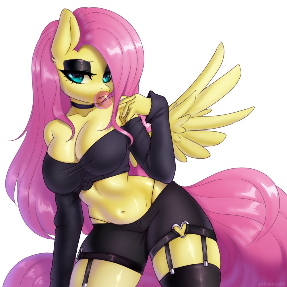 2306909 - anthro, artist:yutakira92, belly button, big titty goth gf,  breasts, bubblegum, busty fluttershy, cleavage, clothes, derpibooru import,  eyeshadow, female, fluttergoth, fluttershy, food, garter belt, garters,  goth, gum, makeup, panties ...