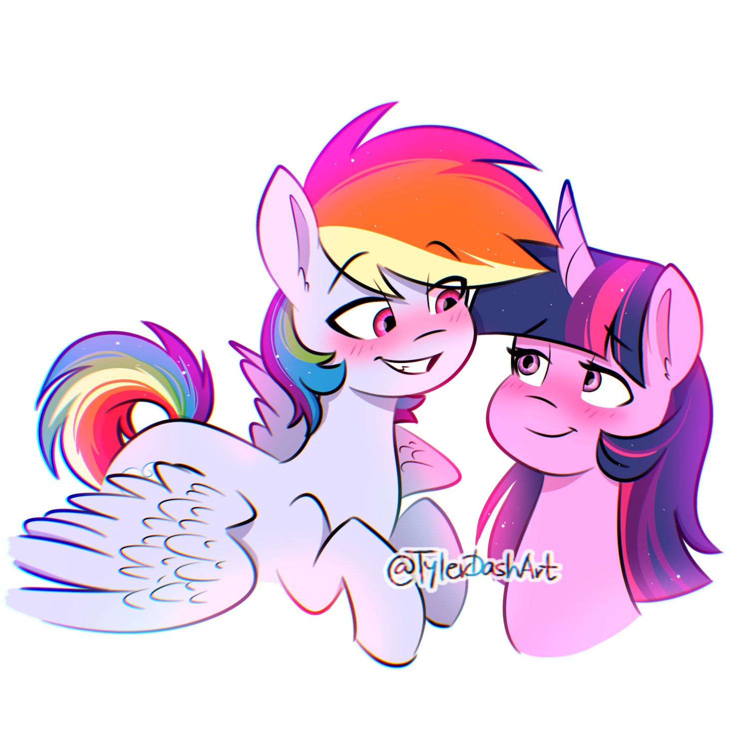 2308462 - safe, artist:tylerdashart, derpibooru import, rainbow dash, twilight  sparkle, pony, blushing, female, lesbian, shipping, simple background,  twidash, white background - Twibooru